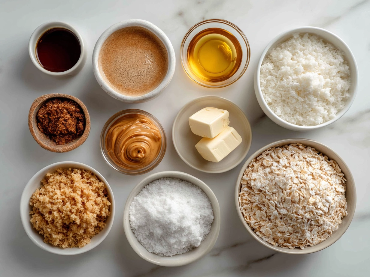 Ingredients for Peanut Butter Balls with Rice Krispies including peanut butter, honey, vanilla, Rice Krispies, powdered sugar and optional mini chocolate chips