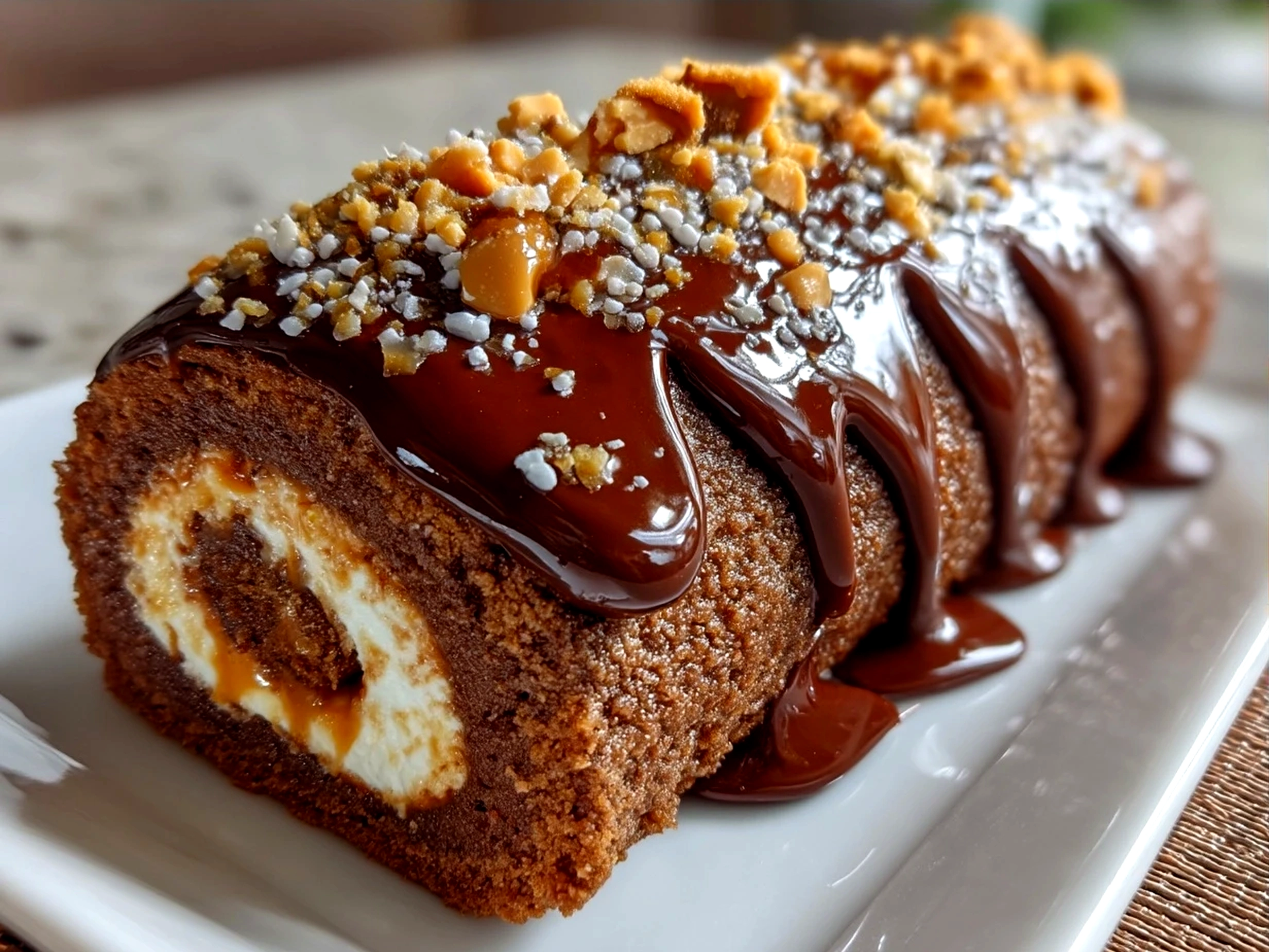 Sliced Peanut Butter Cup Chocolate Roll ready to serve