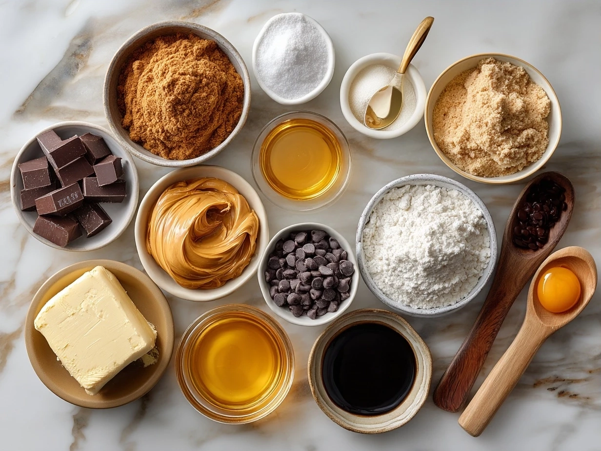 Ingredients for Peanut Butter Cup Chocolate Roll laid out on kitchen counter