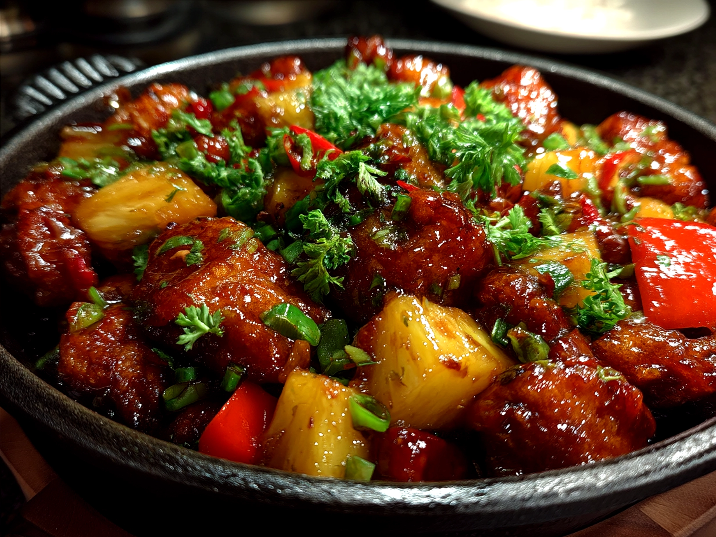 Served Pineapple Chicken over steamed rice with garnished green onions