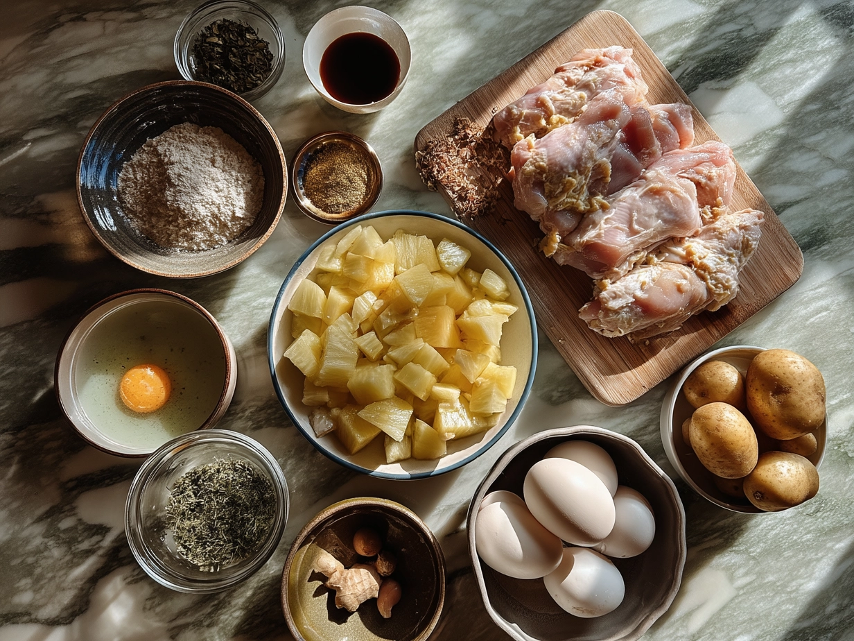 Ingredients for Pineapple Chicken including chicken, pineapple chunks, soy sauce, and spices