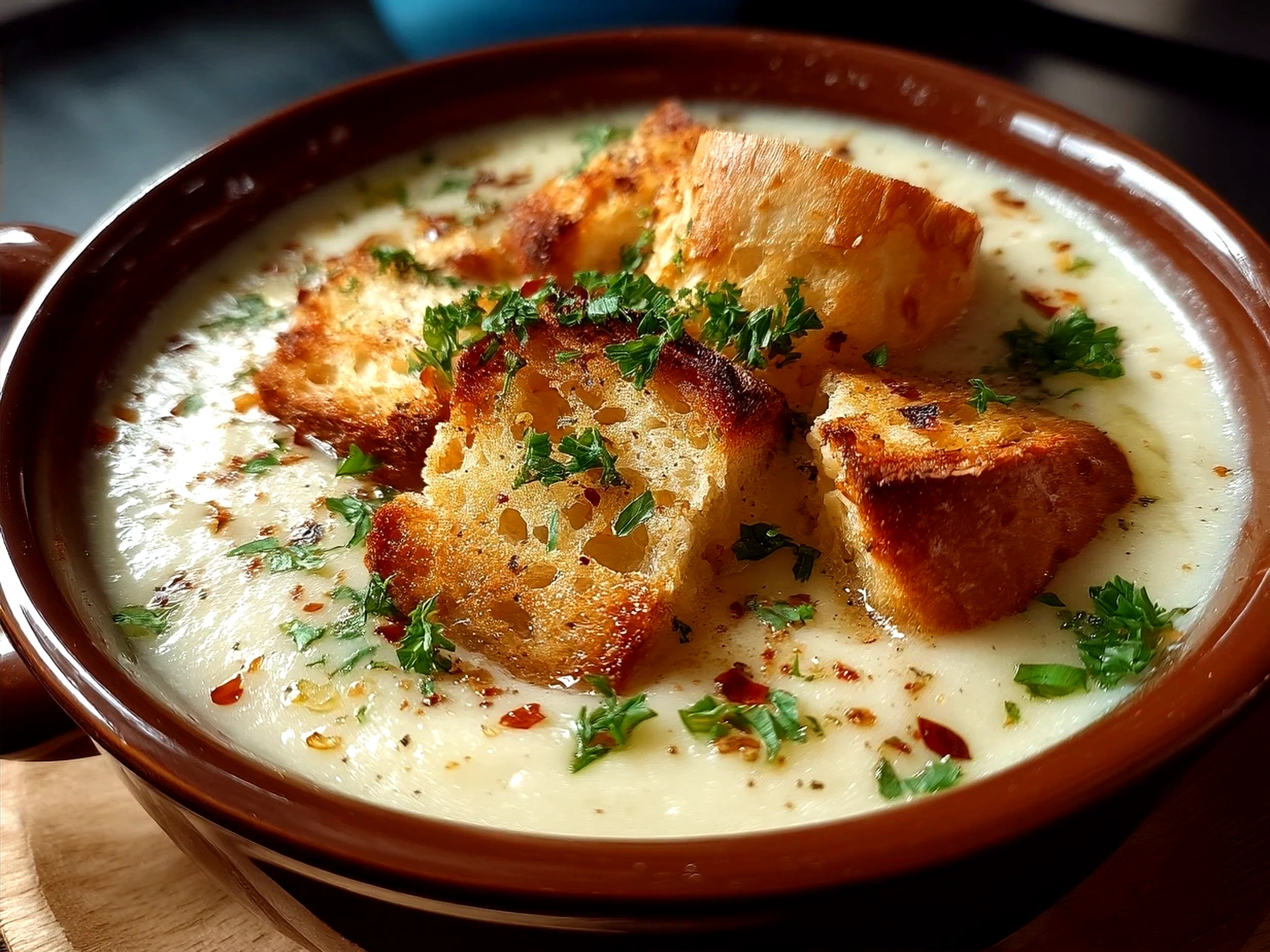 Serving potato soup in bowls showing creamy texture with toppings