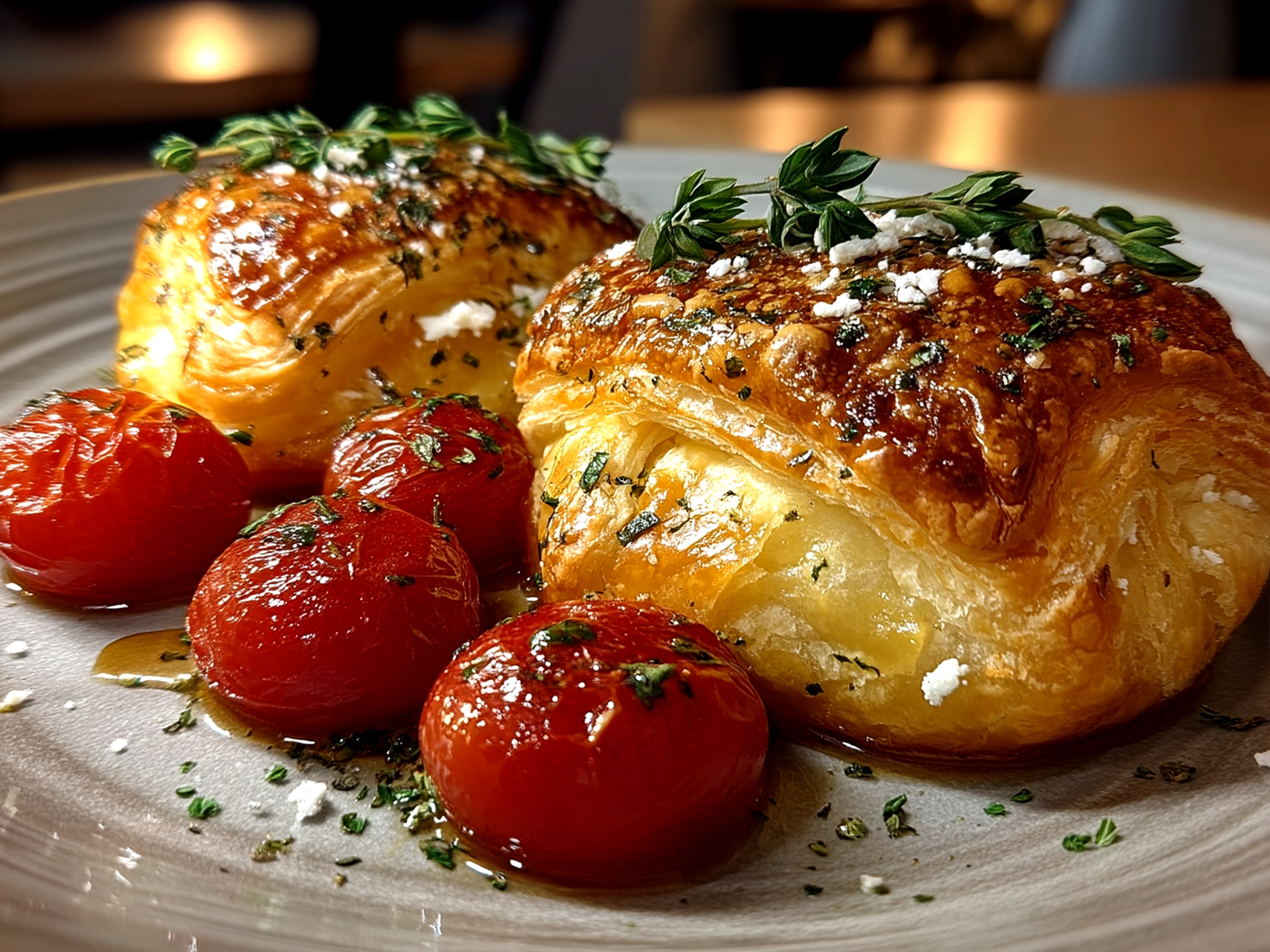 Finished Puff Pastry Caprese ready to serve with basil garnish and balsamic glaze