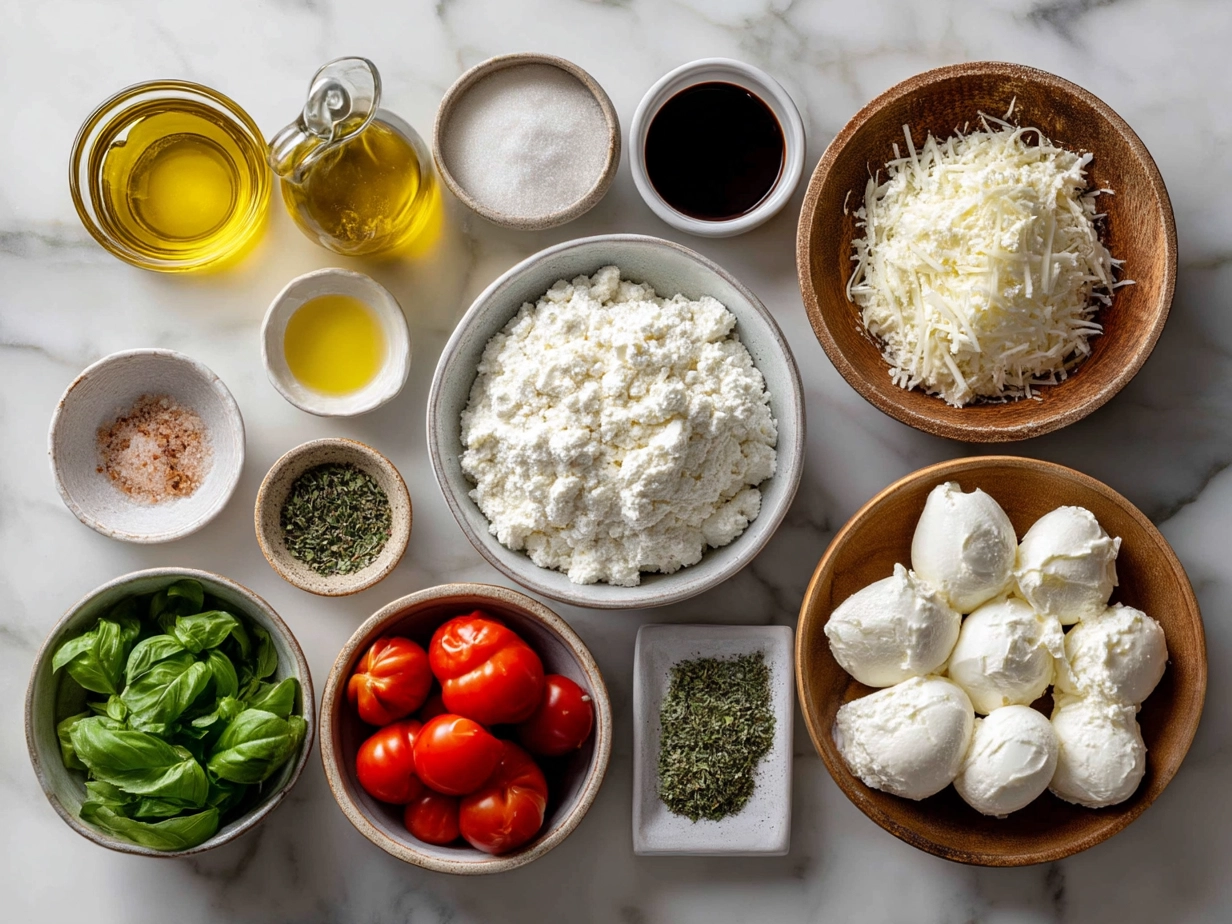 Ingredients for Puff Pastry Caprese including puff pastry, mozzarella, tomatoes, basil, olive oil, balsamic glaze, and egg