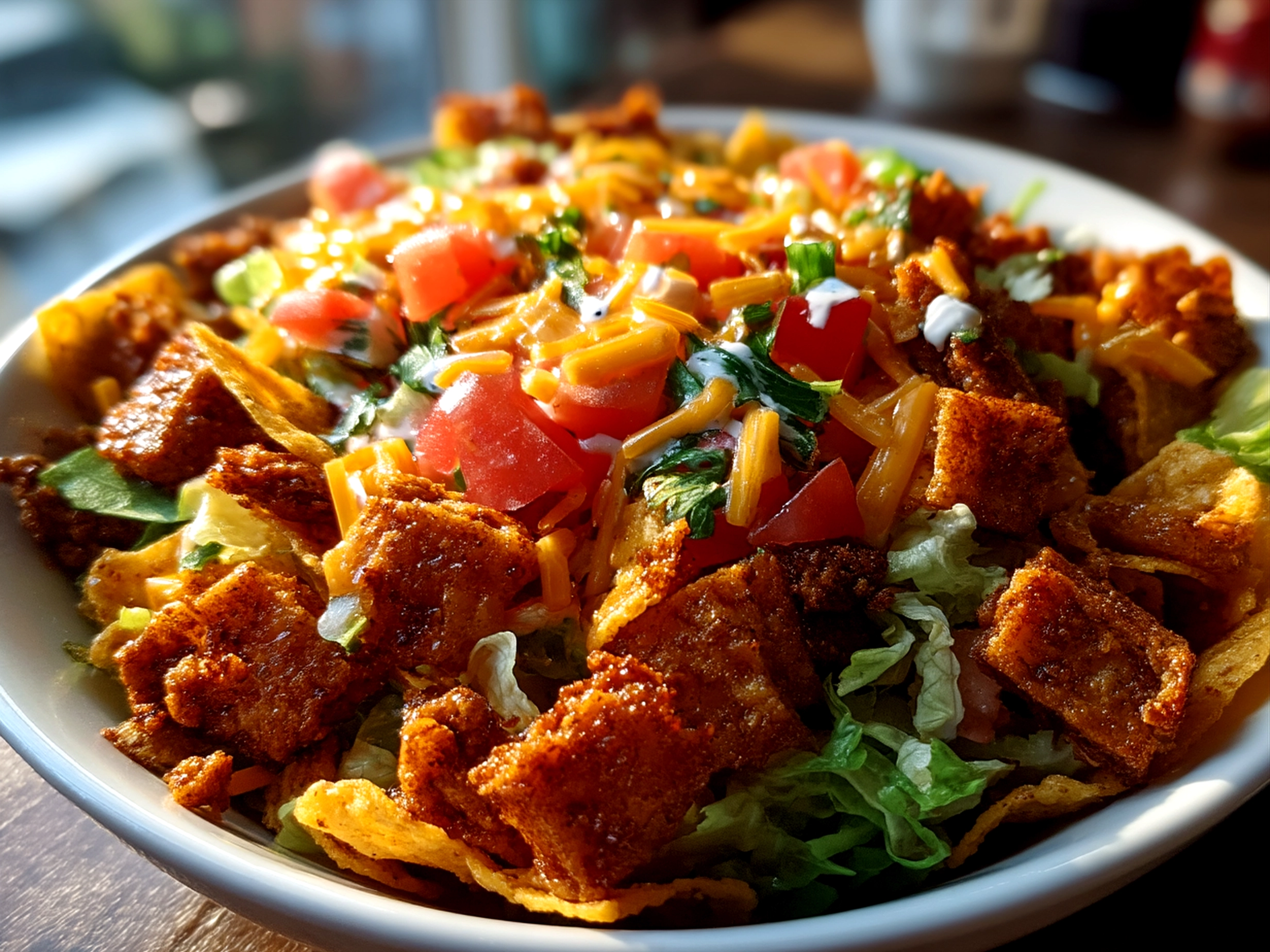 A serving of Ranch Taco Party Bowl with avocado, ranch dressing, and crushed tortilla chips