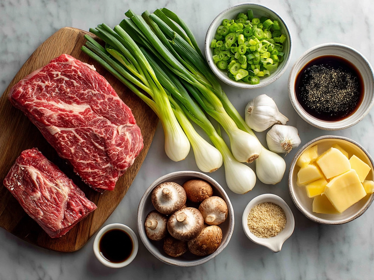 Raw ingredients for Korean Pot Roast arranged on a marble surface
