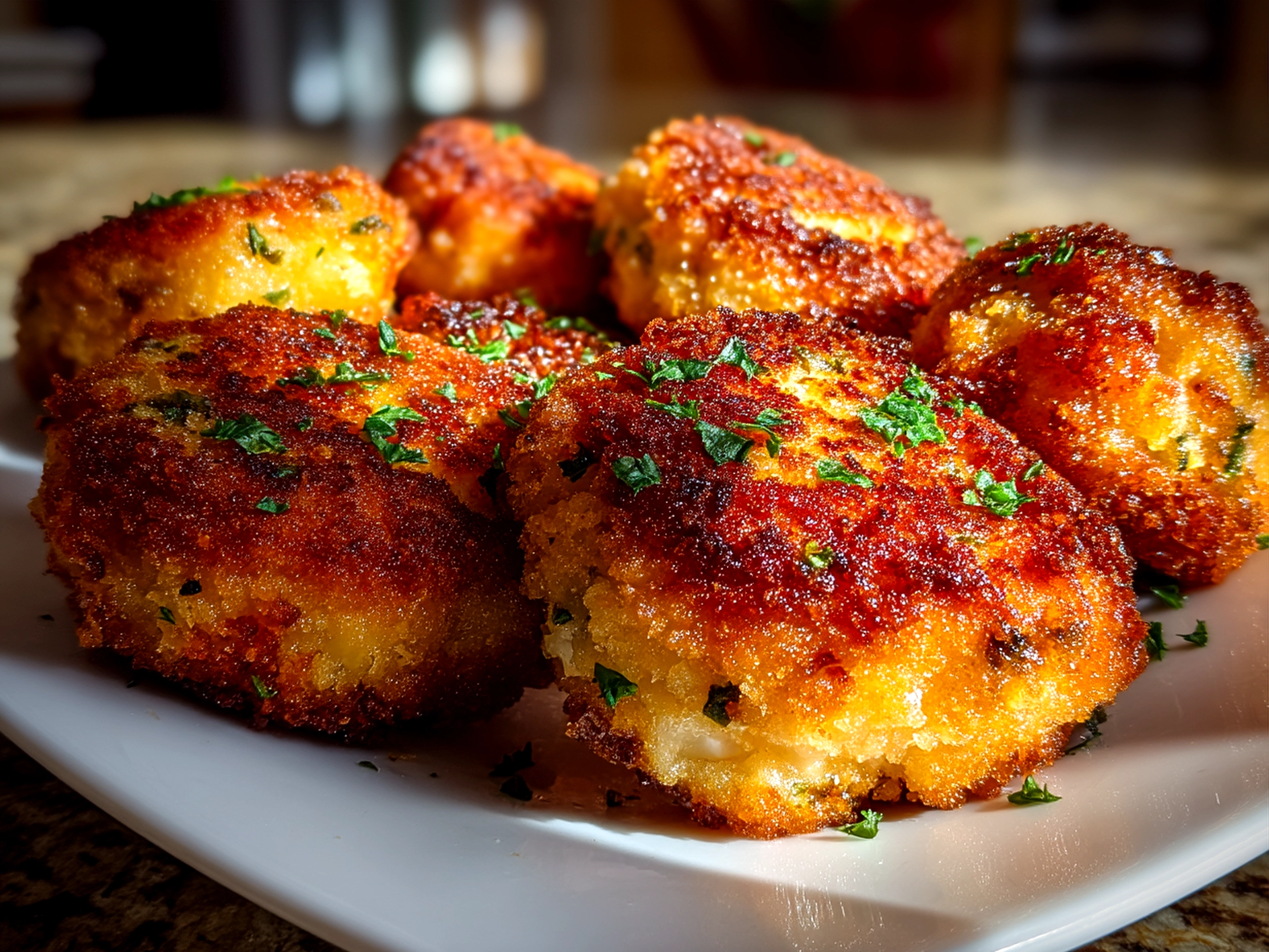 A plate of golden crispy salmon croquettes served with lemon wedges and fresh salad