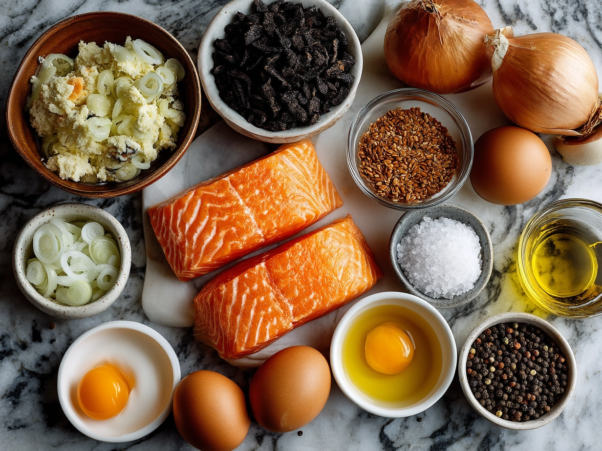 Ingredients for making salmon croquettes laid out on a kitchen counter