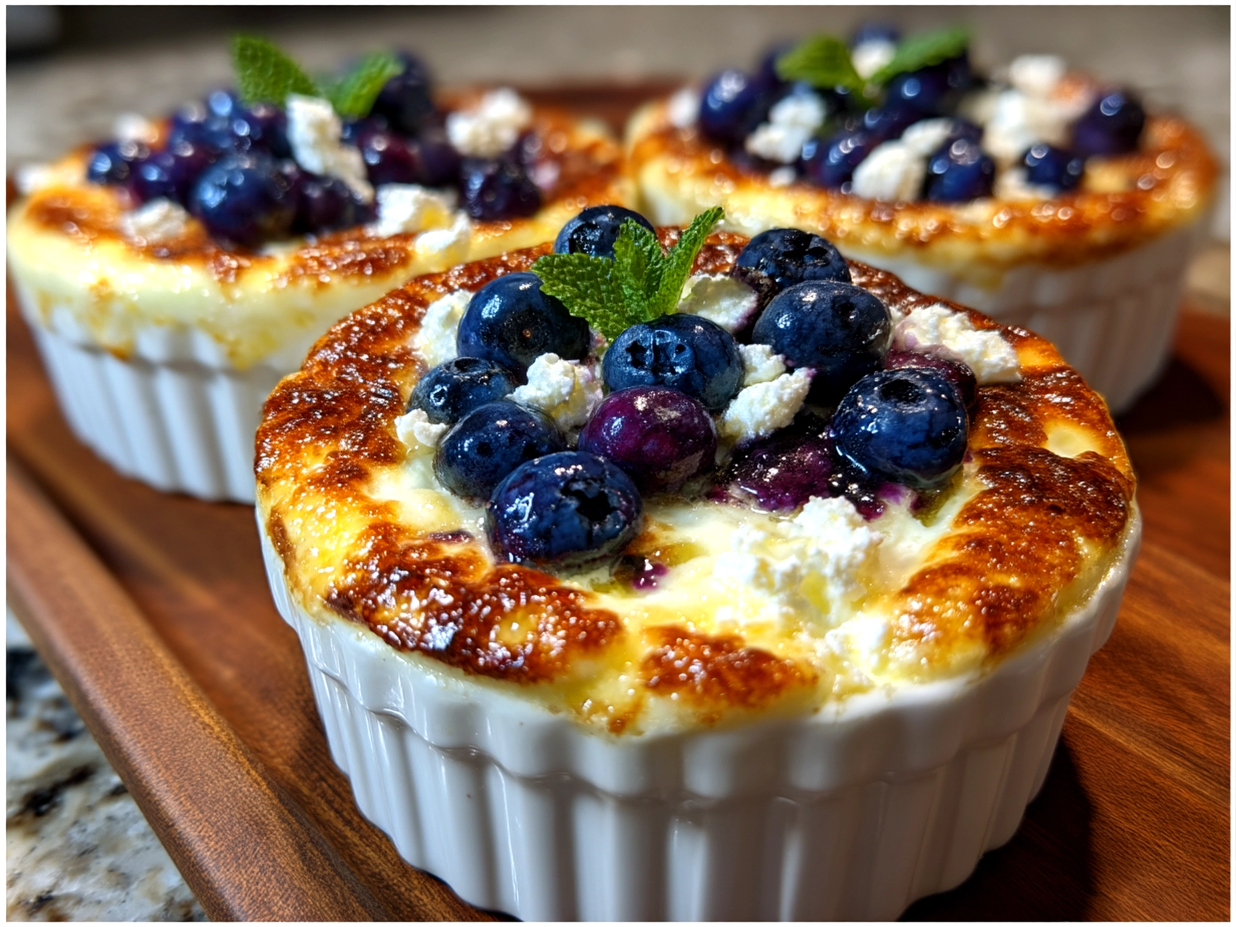 Finished baked blueberry cottage cheese bowls topped with fresh blueberries and garnishes