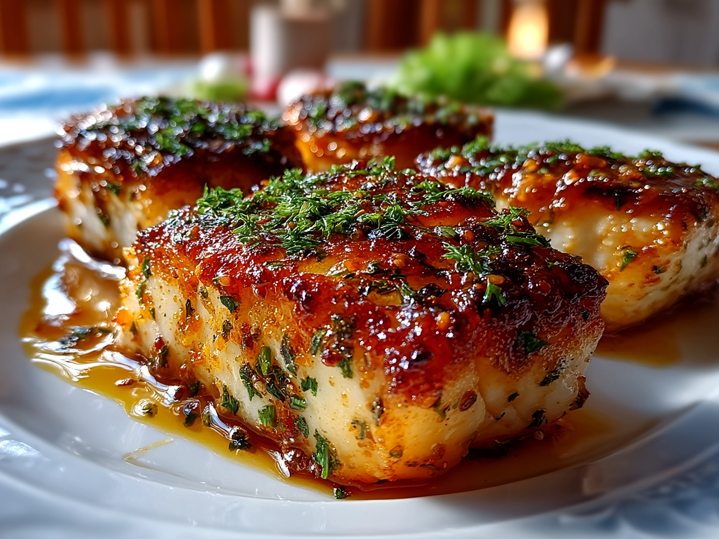 Close-up of a plated baked honey marinade cod garnished with parsley.