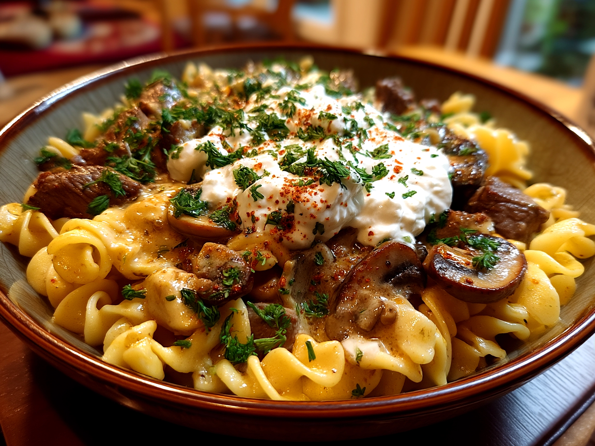Slight angle close-up finished comforting Beef Stroganoff with Sour Cream