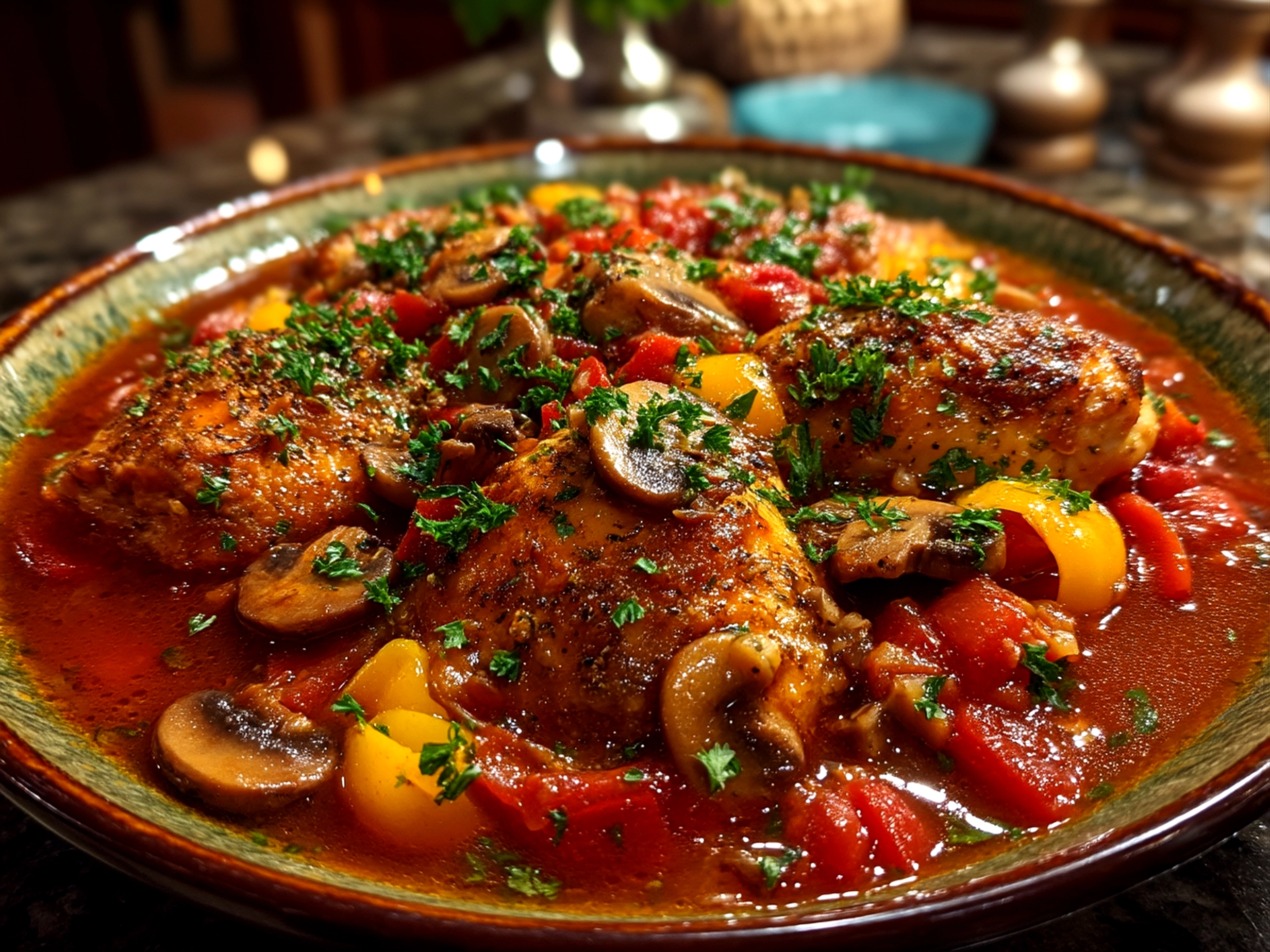 Slight angle close-up of finished comforting Chicken Cacciatore on a white plate