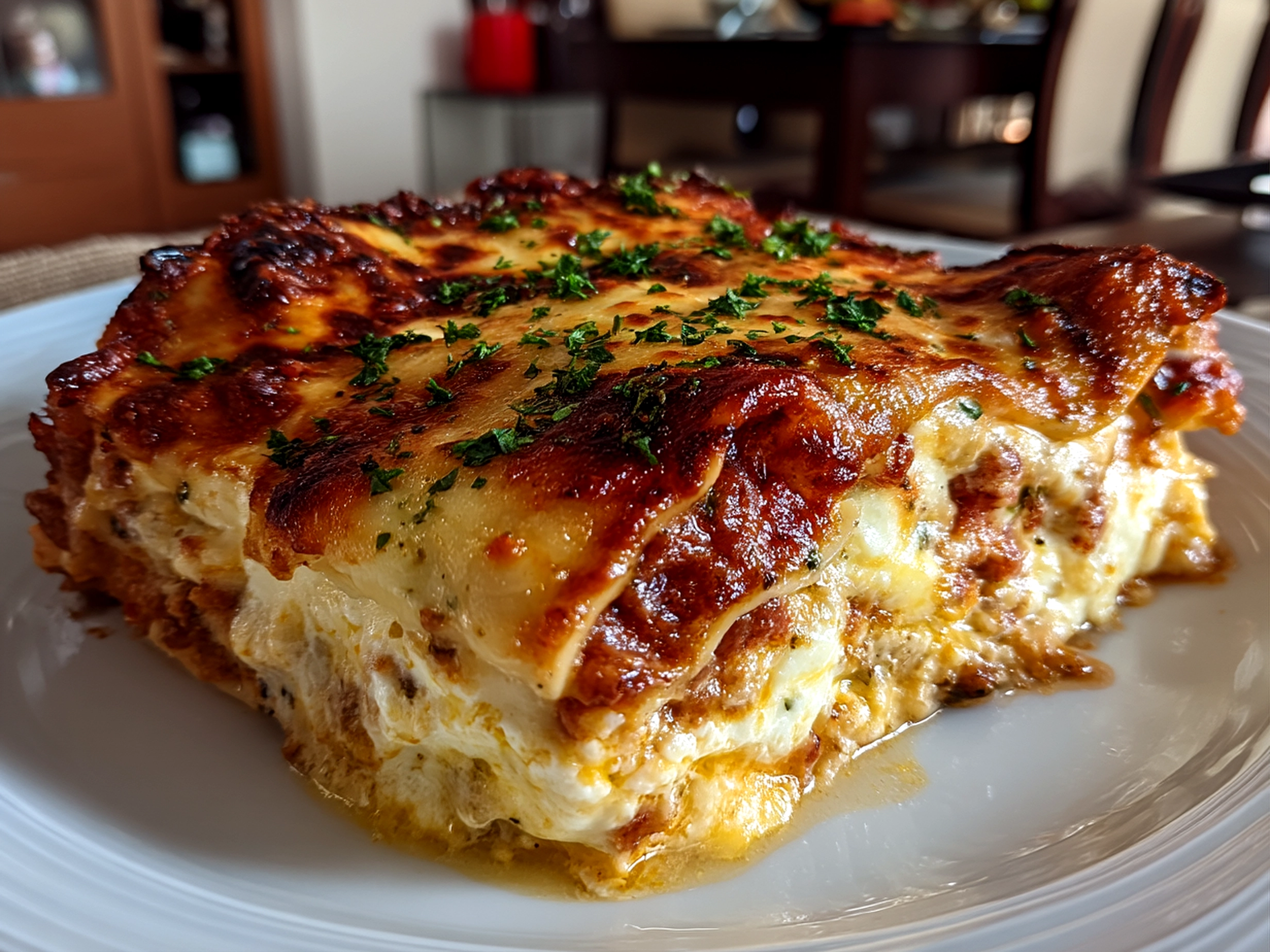 Slight angle close up of finished comforting lasagna with ricotta cheese