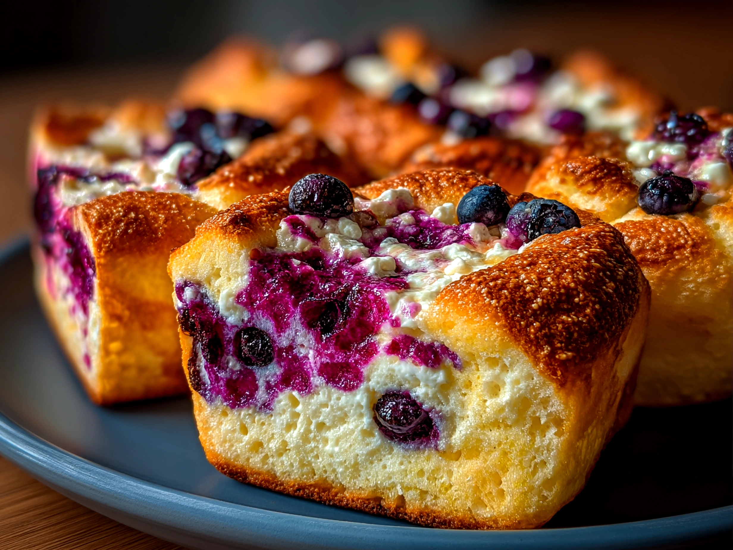 Close-up of finished Cottage Cheese Blueberry Cloud Bread showing texture and blueberries