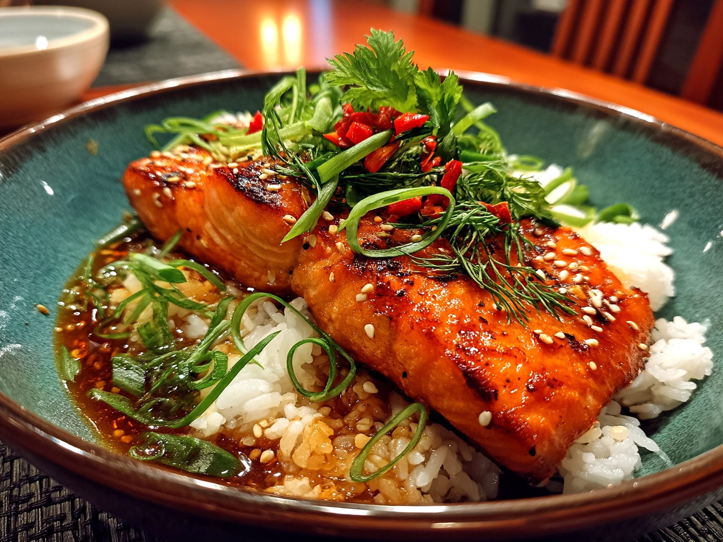 Close-up of finished Honey Glazed Salmon Bowl with garnishes