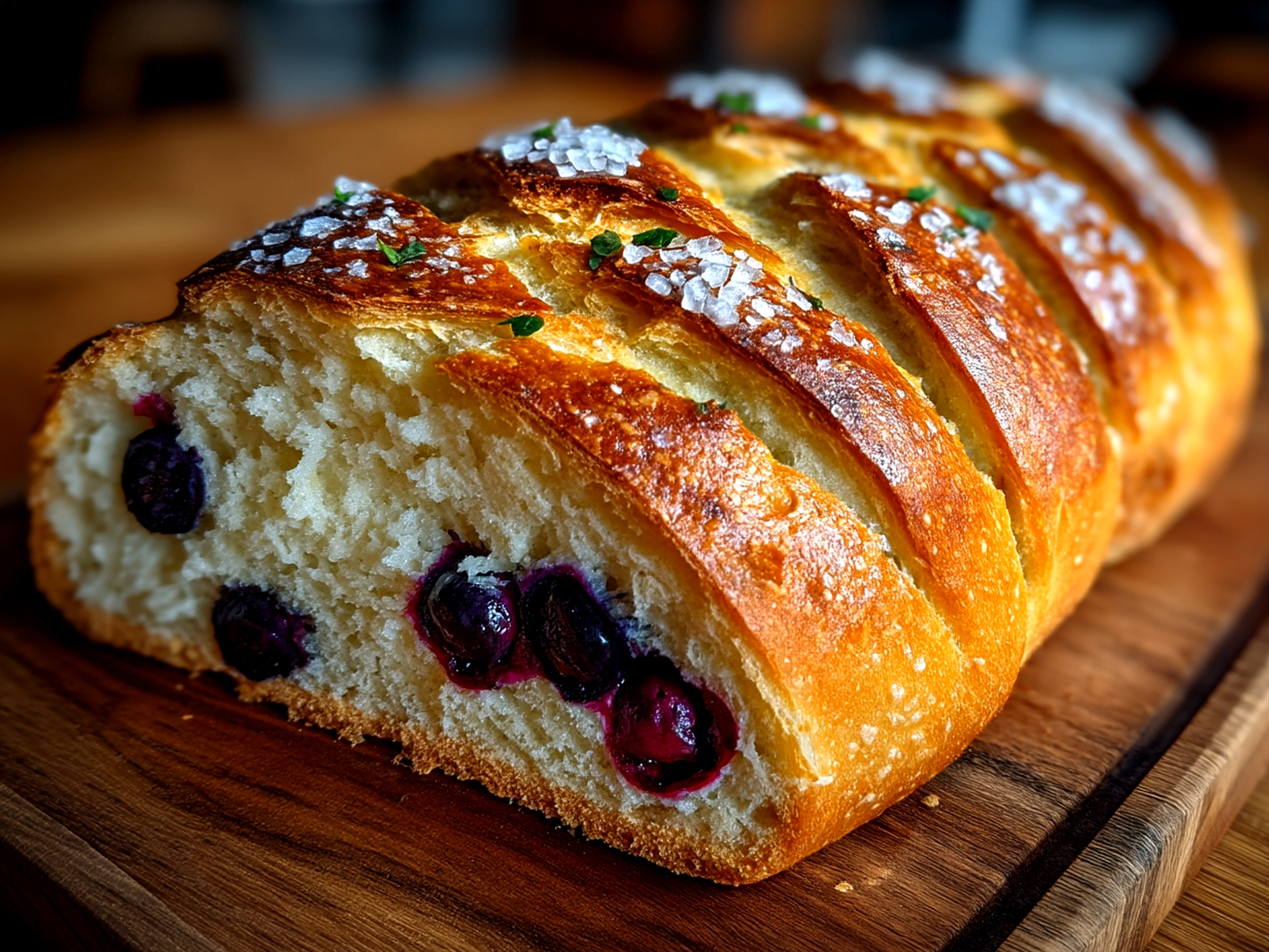 Slight angle close up finished lemon blueberry sourdough bread