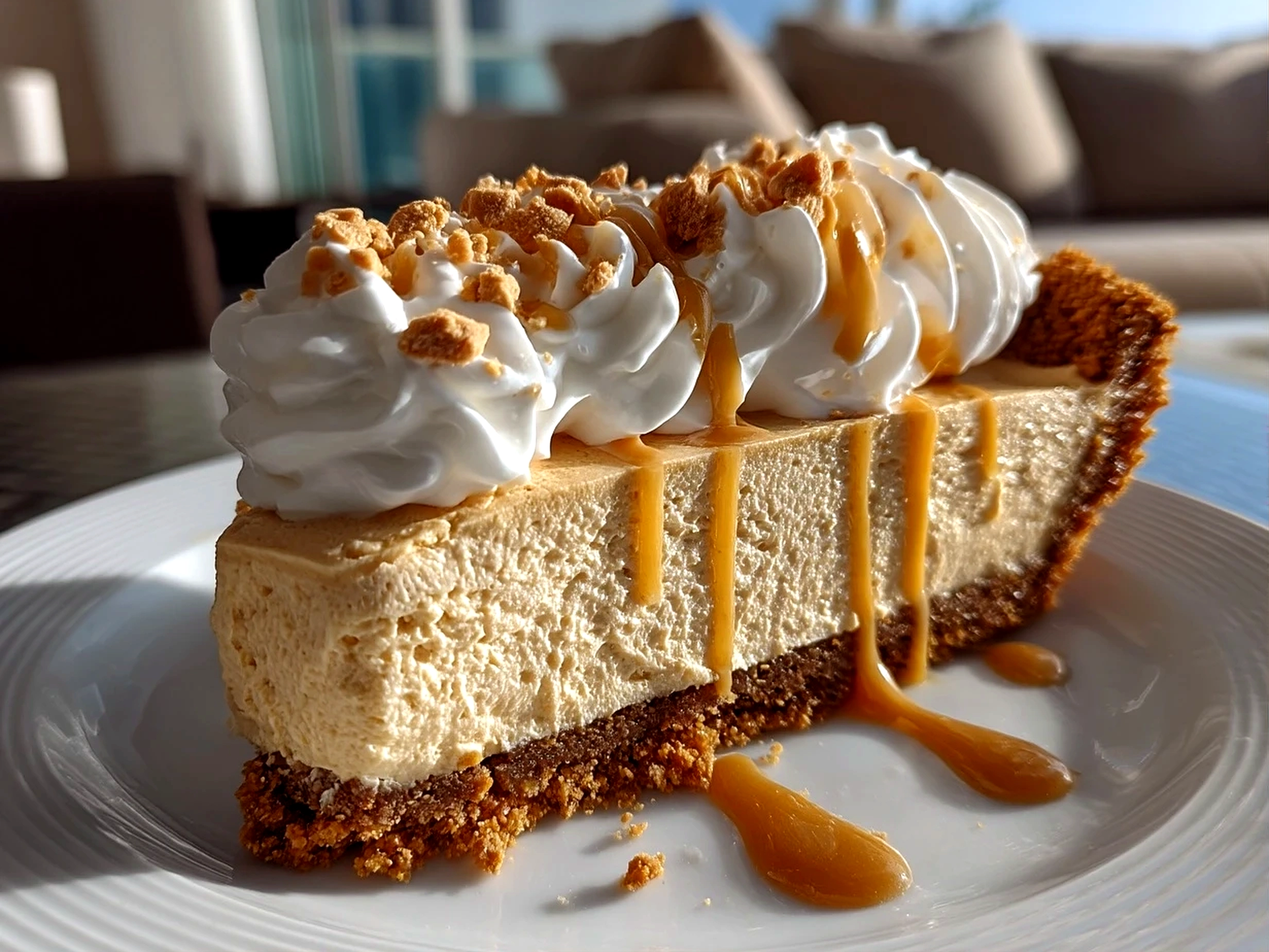 Slight angle close up of finished peanut butter pie