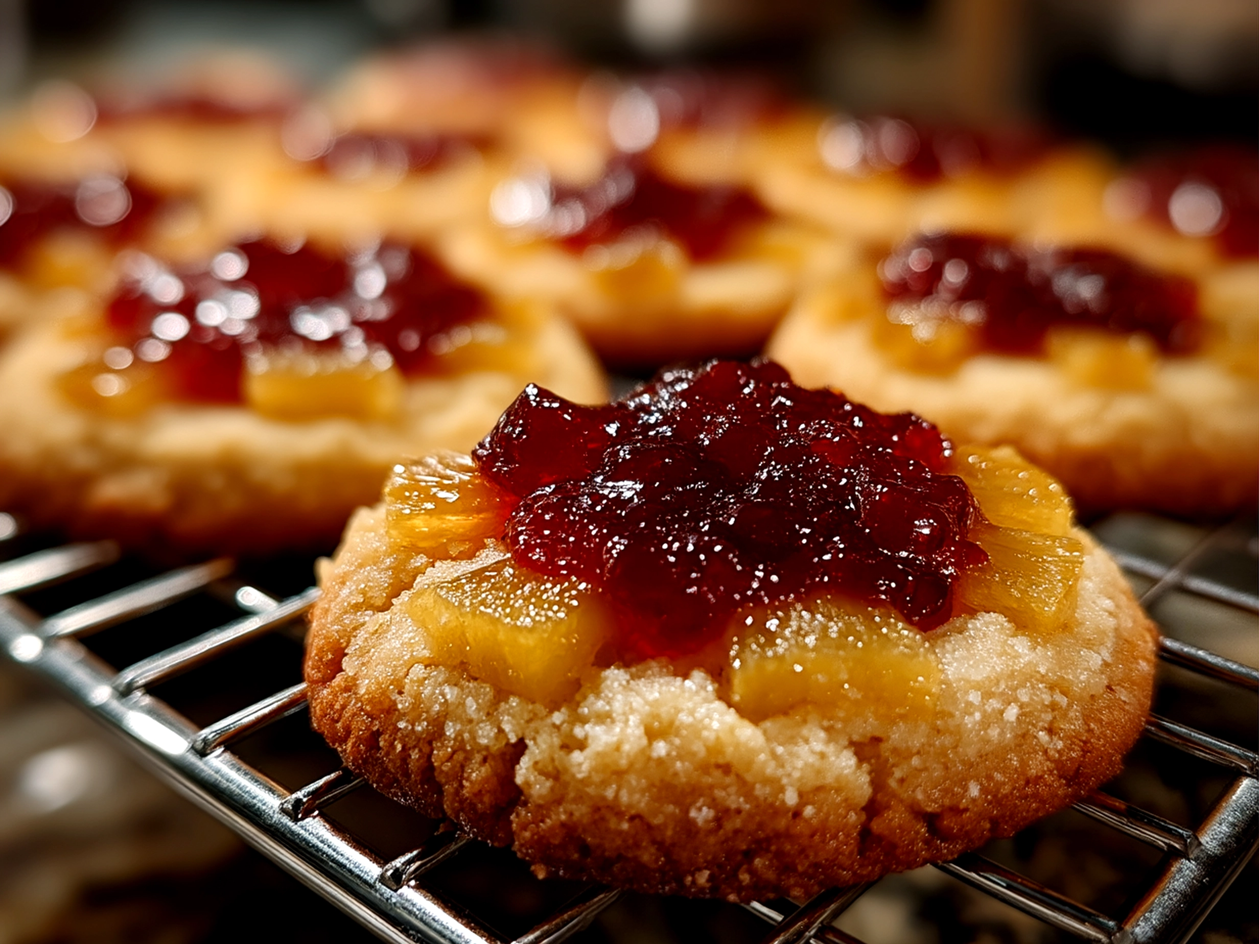Slight angle close up of finished Pineapple Upside Down Sugar Cookies