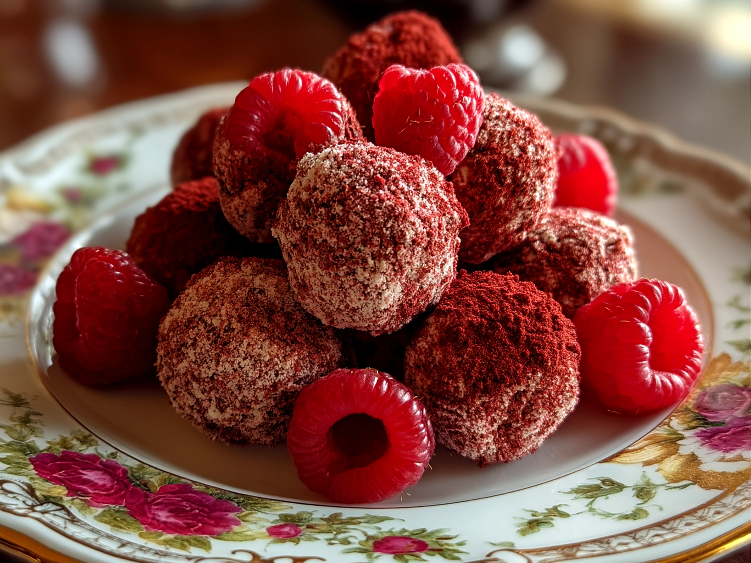 Close-up of finished Raspberry Cheesecake Truffles arranged on a serving plate