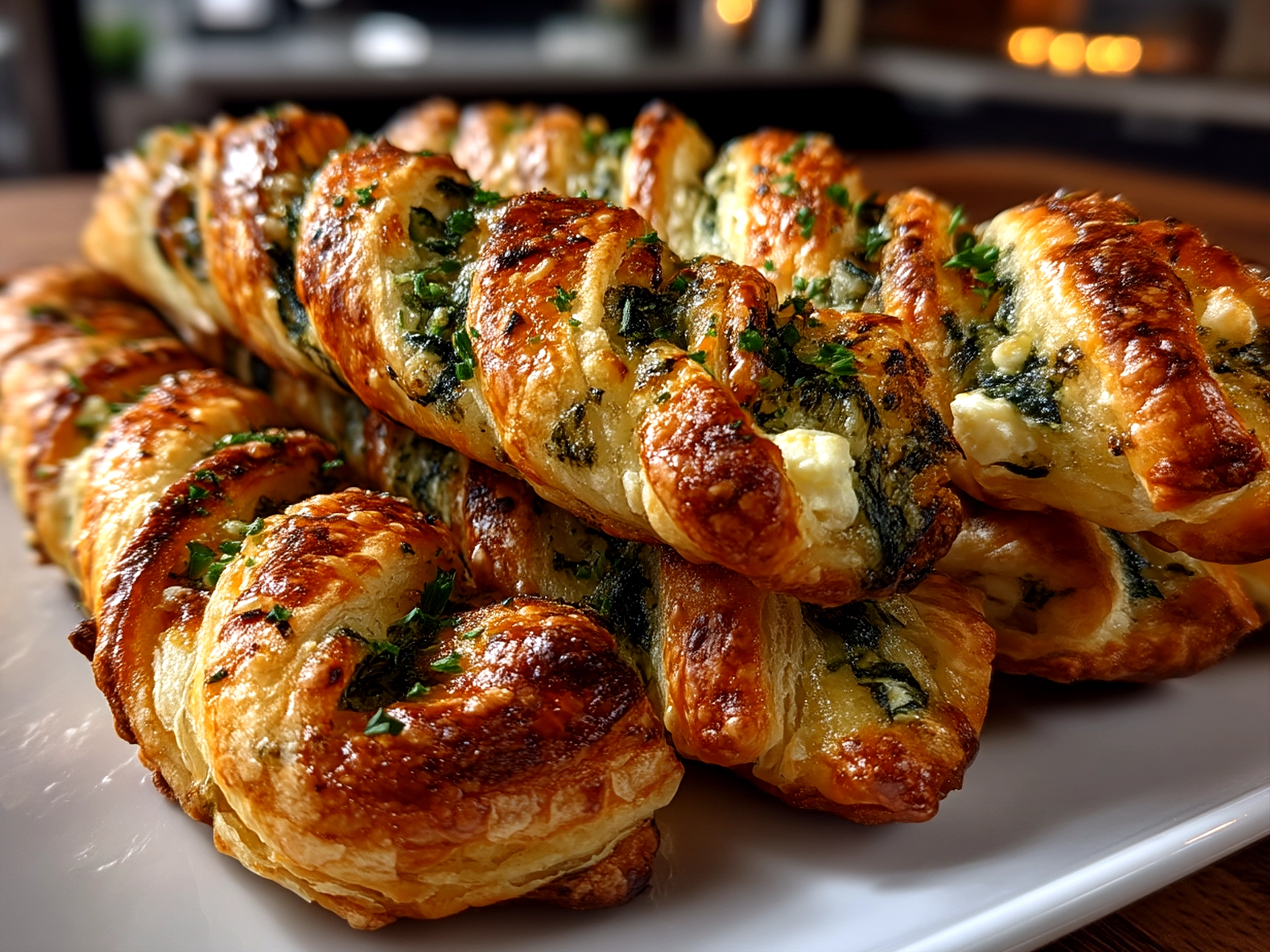 Slight angle close-up of finished Spinach and Feta Puff Pastry Twists showing flaky crust and cheesy filling