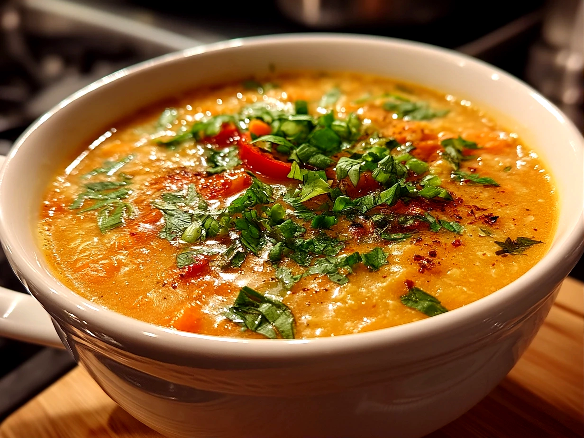 Slight angle close up of finished Thai Coconut Red Lentil Soup in bowl