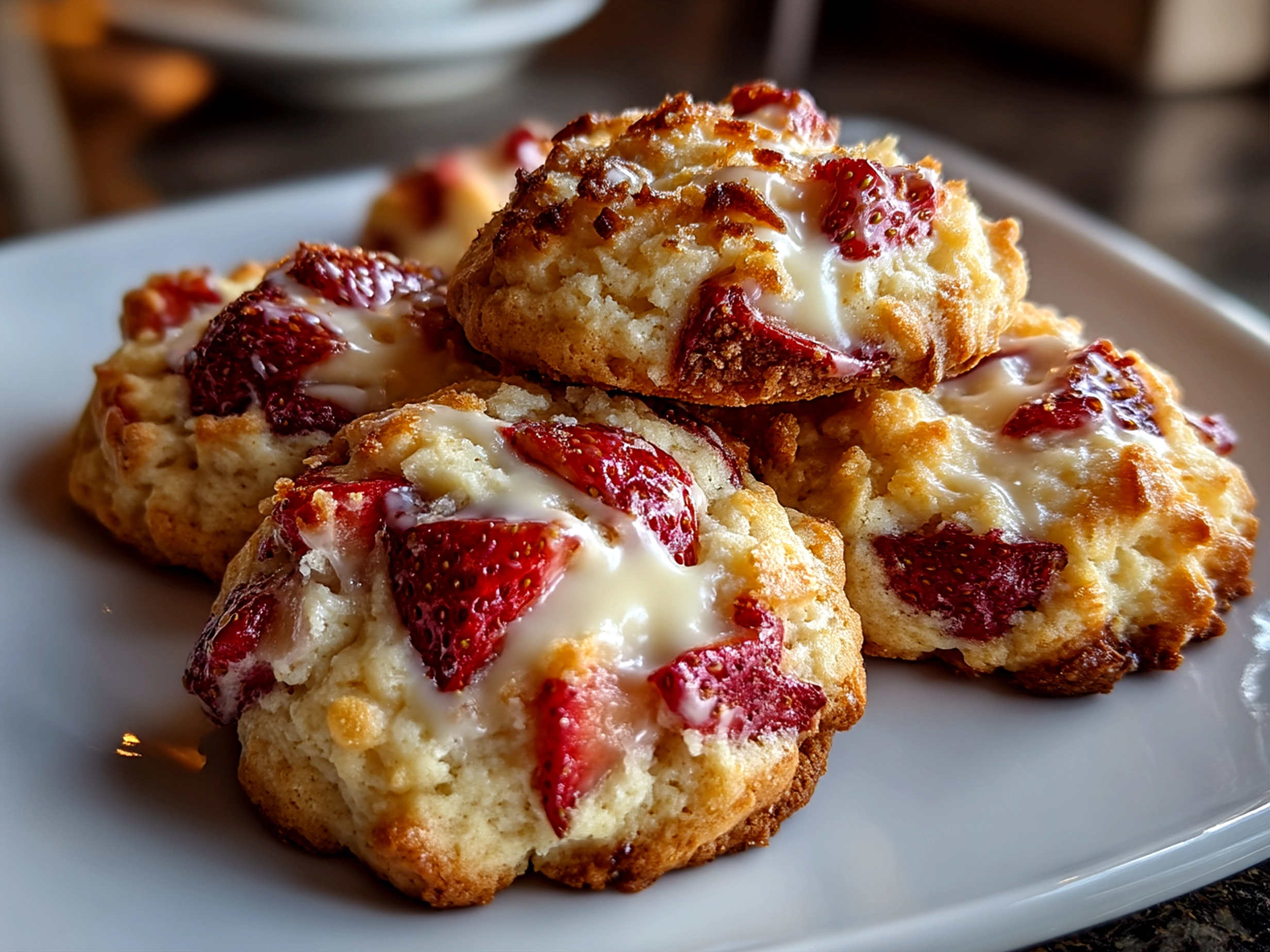 Close up of finished Strawberry Cheesecake Cookies with white chocolate chips and strawberry bits