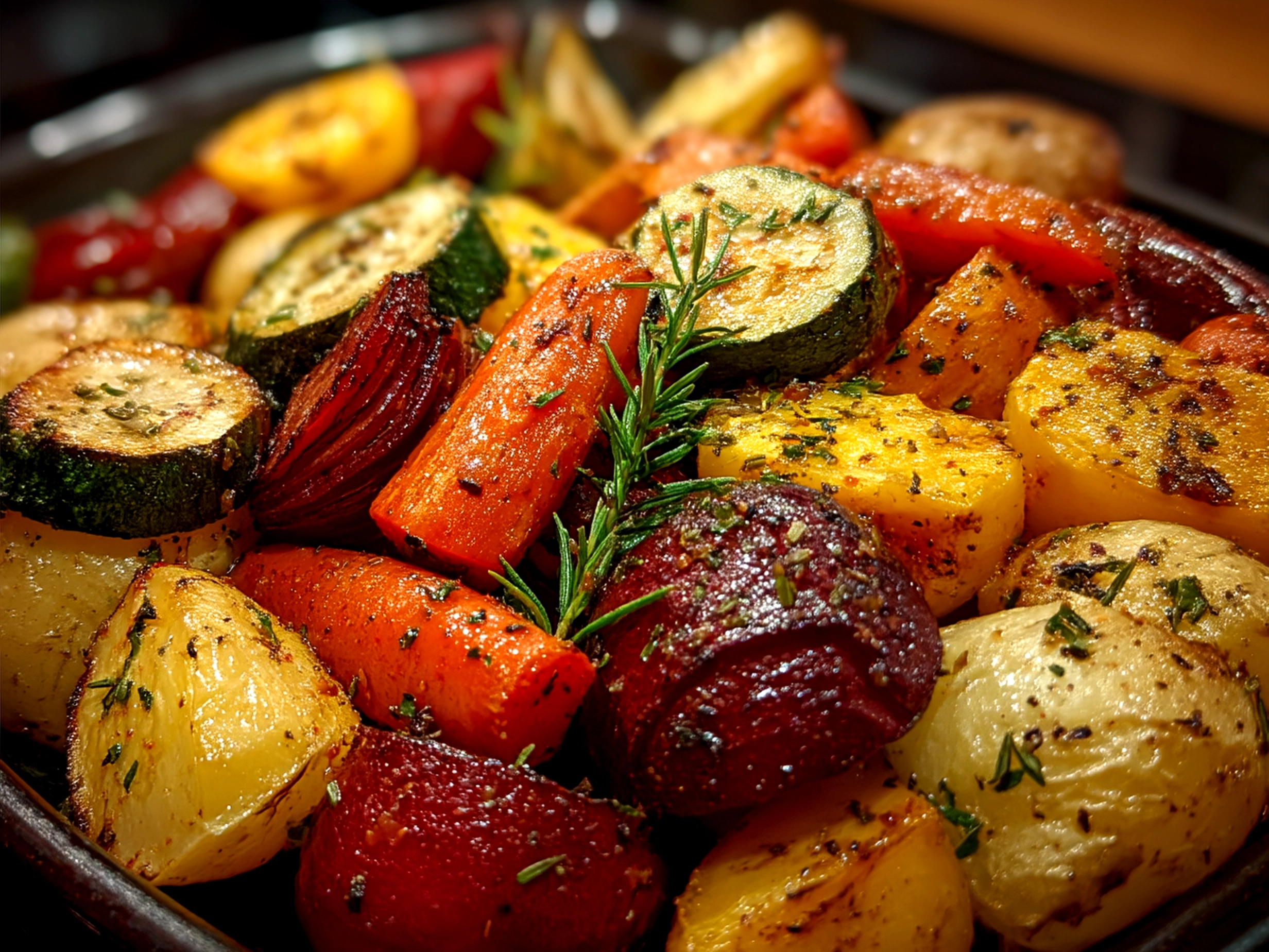 Slow Cooker Roasted Fall Vegetables served on a plate garnished with fresh parsley