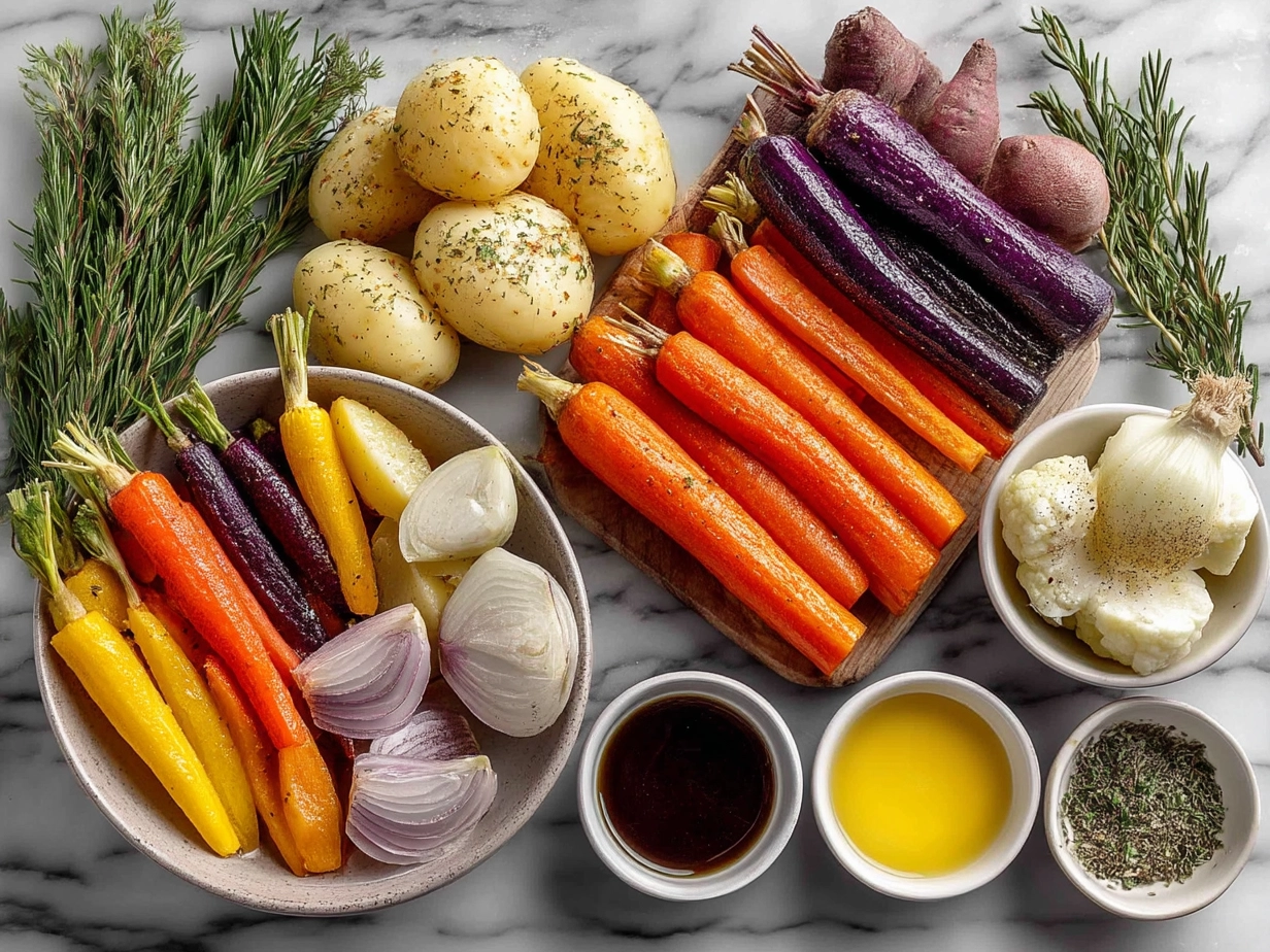 Ingredients for Slow Cooker Roasted Fall Vegetables including carrots, sweet potatoes, butternut squash, parsnips, onion, garlic, and herbs