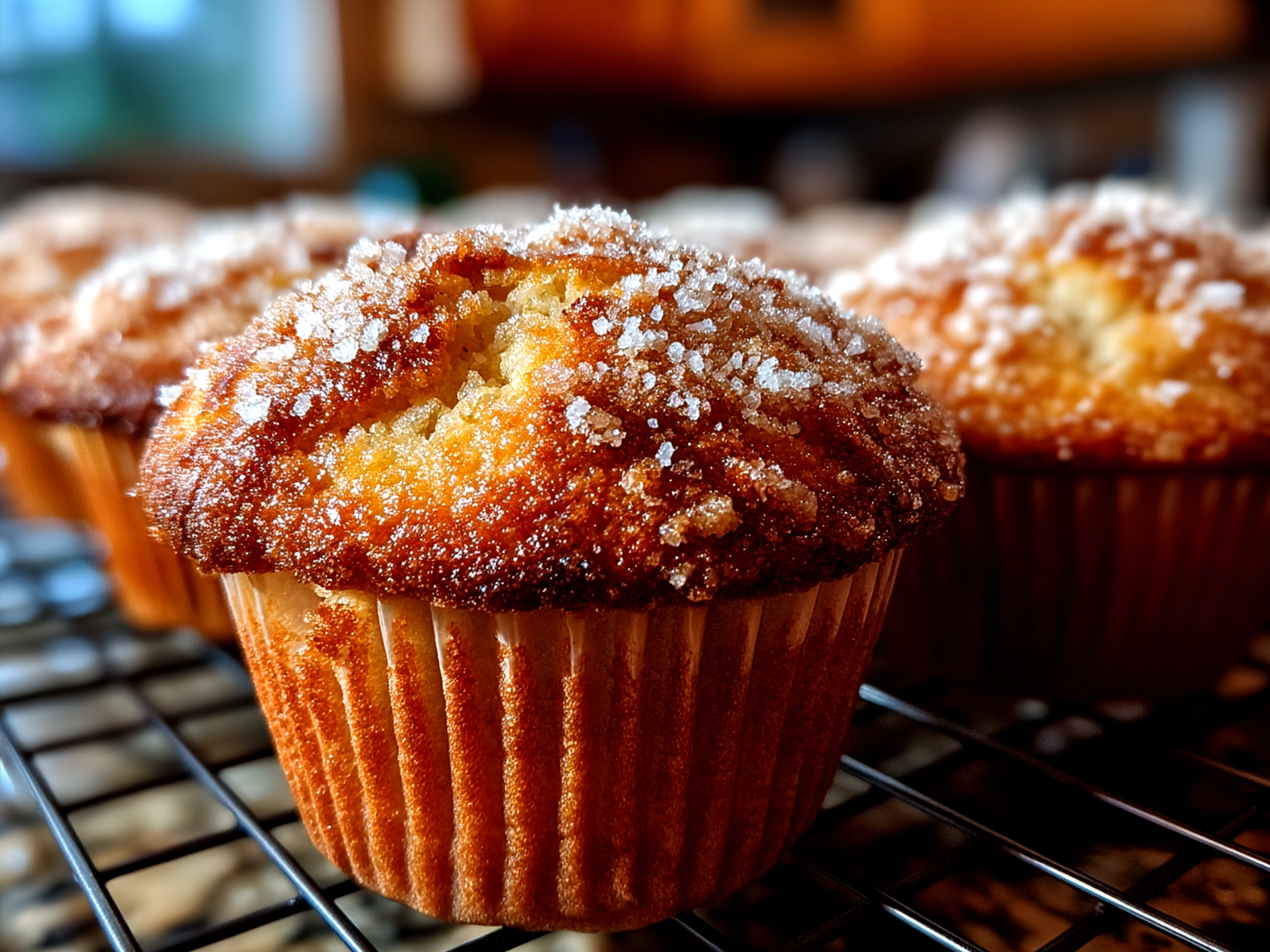 Freshly baked Sourdough Coffee Cake Muffins with crumb topping served on a rustic plate