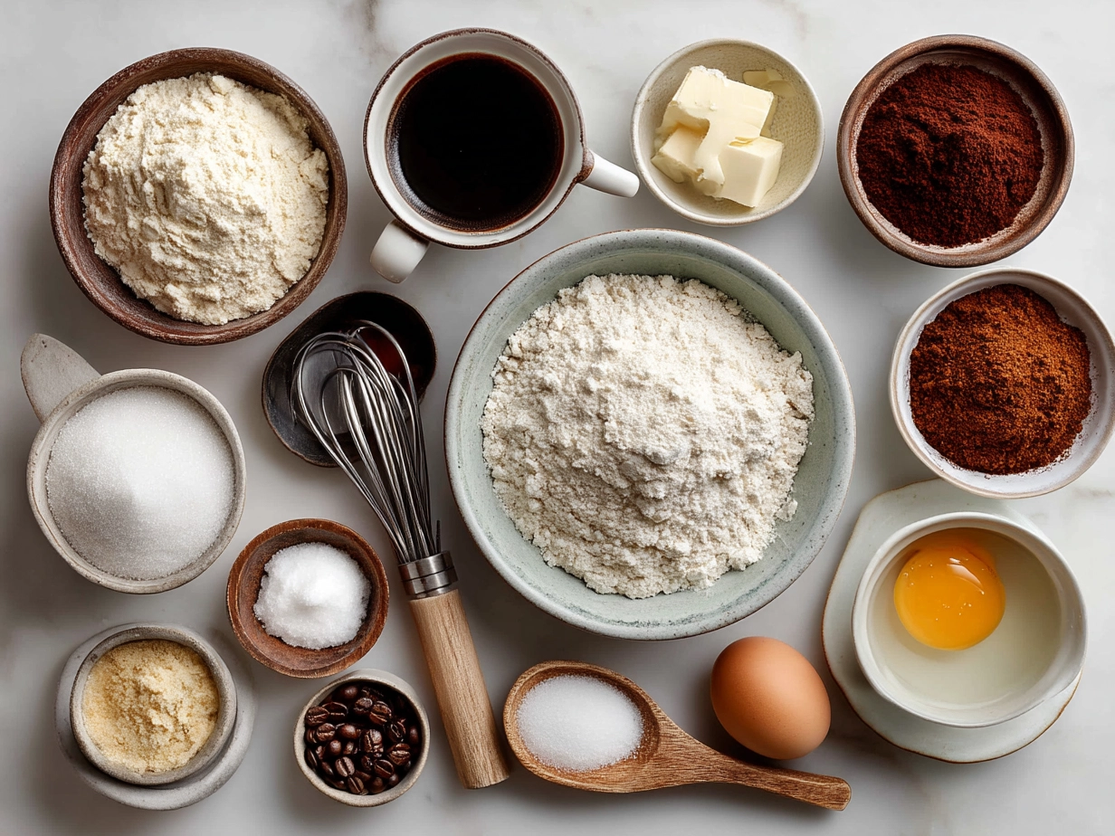 Ingredients for Sourdough Coffee Cake Muffins including sourdough starter, spices, flour, sugar, and butter crumb topping