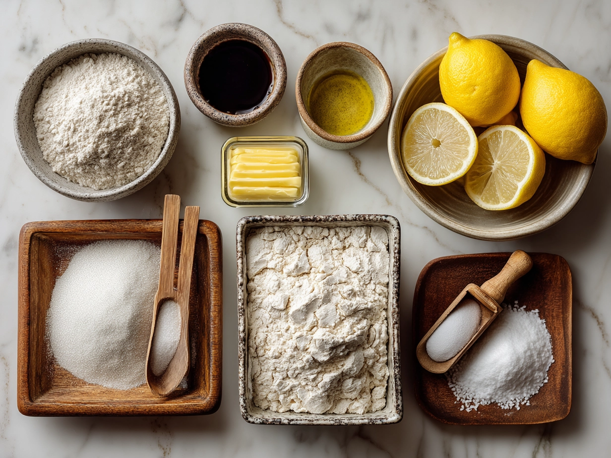 Ingredients for Sourdough Discard Lemon Loaf arranged on a kitchen counter