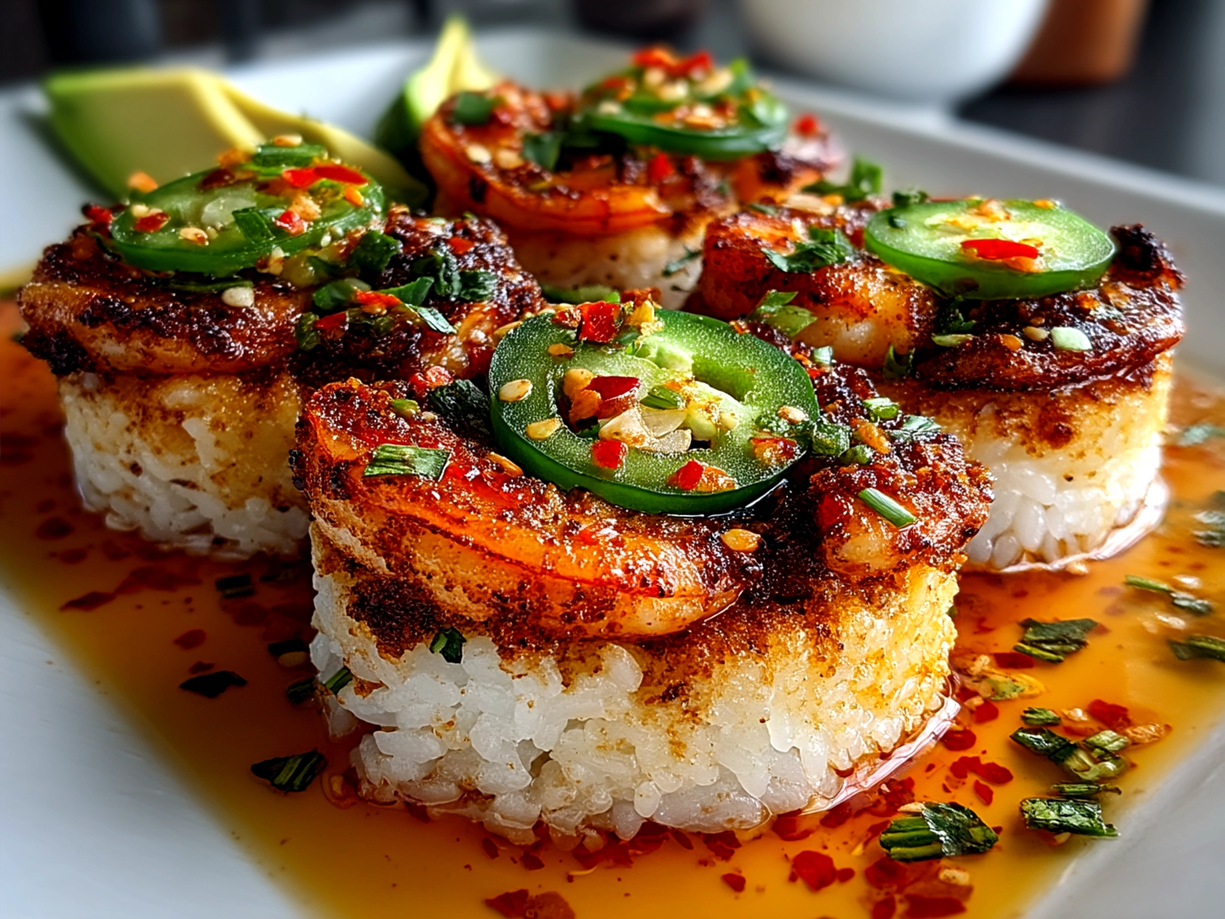 Finished serving of Spicy Shrimp Sushi Stacks finished with green onions and sesame seeds