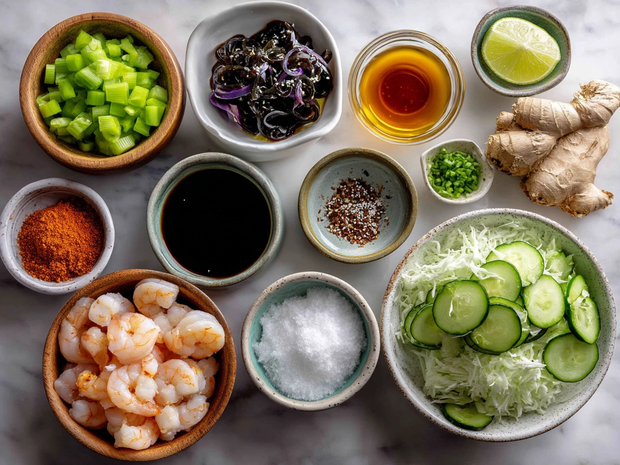 Ingredients for Spicy Shrimp Sushi Stacks including shrimp, avocado, cucumber, sushi rice, and sauces