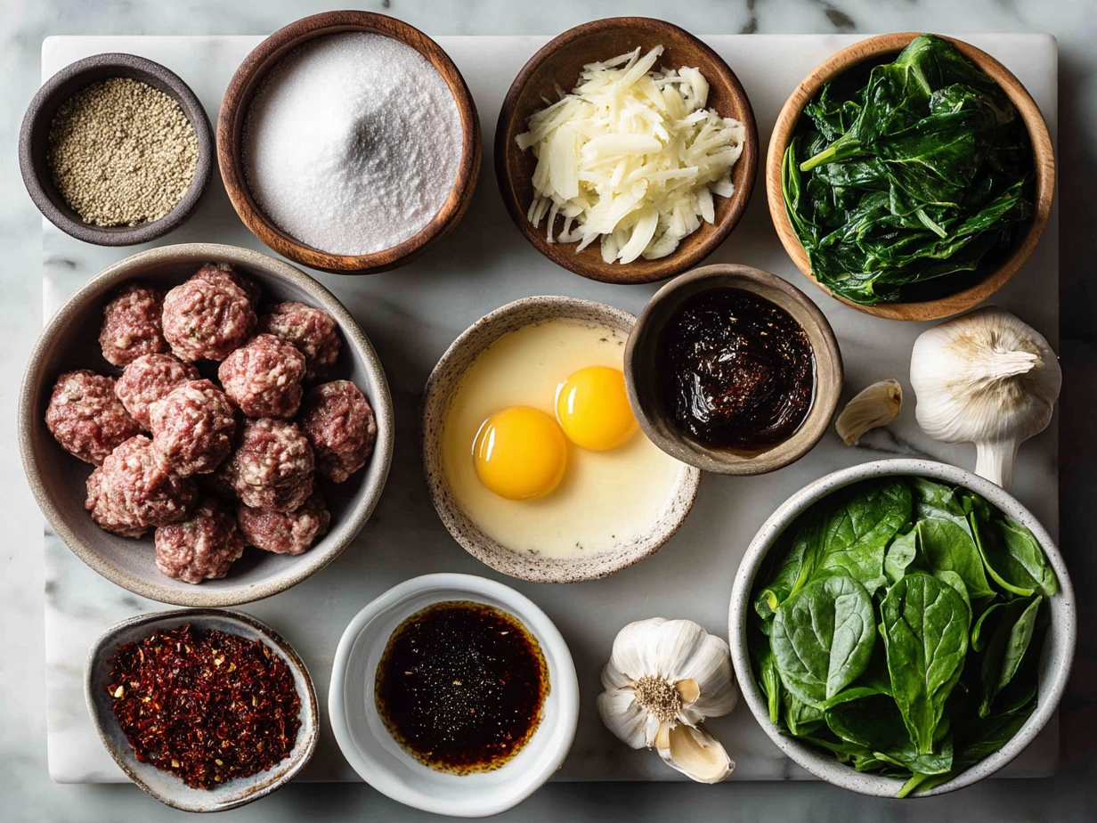 Ingredients for Spinach Garlic Meatballs including ground beef, spinach, garlic, and other seasonings