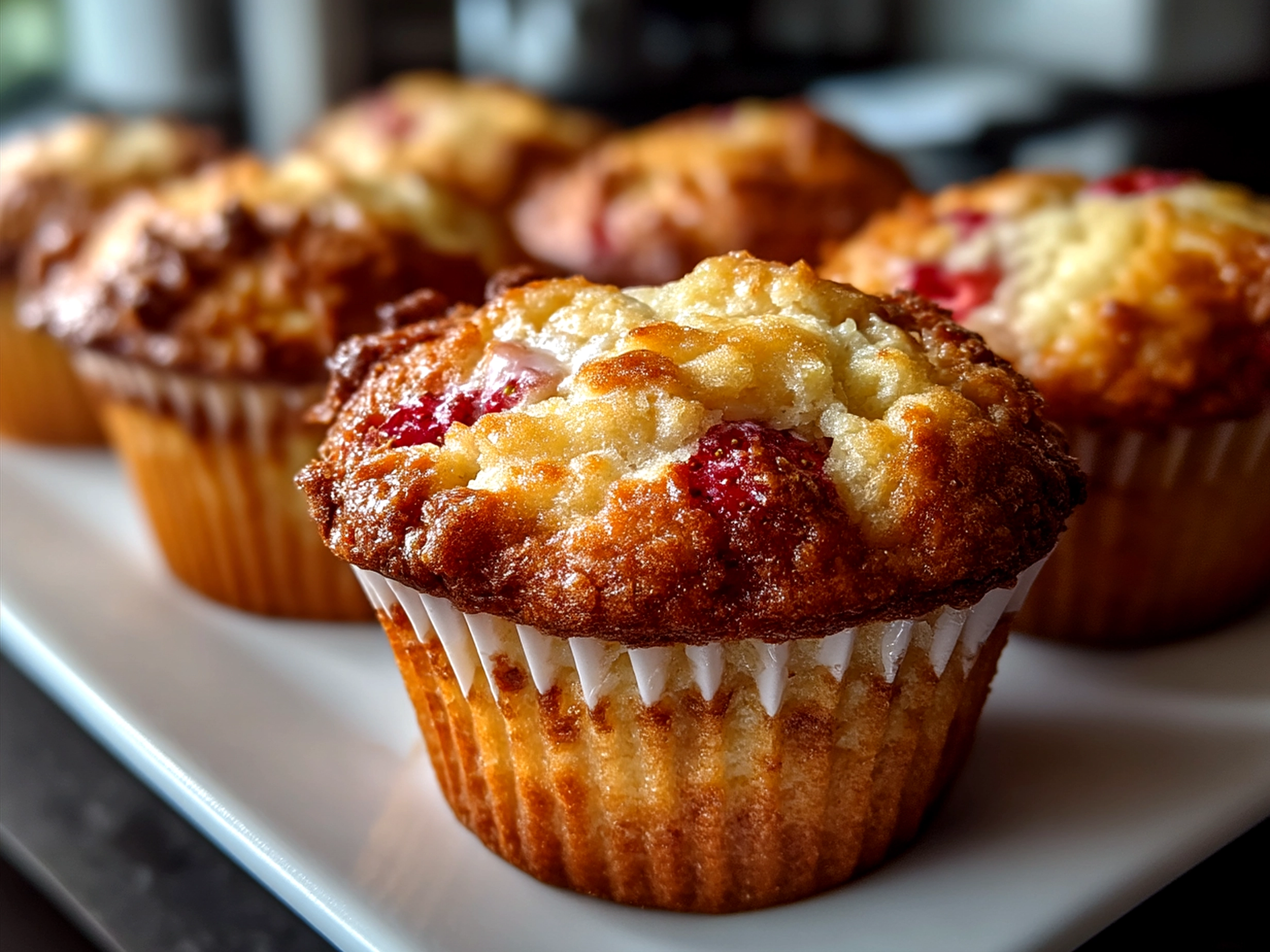 Freshly baked Strawberry Banana Muffins served on a plate with fresh strawberries