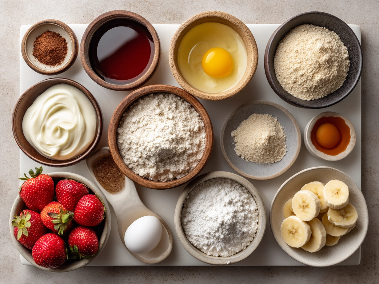 Ingredients for Strawberry Banana Muffins on a wooden surface