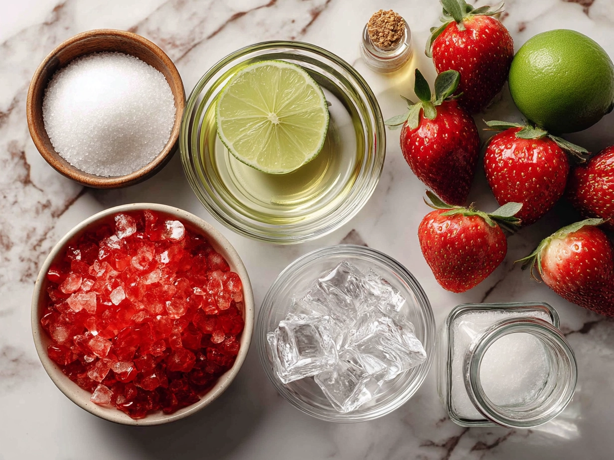 Ingredients for Strawberry Daiquiri including frozen strawberries, rum, lime juice, simple syrup and ice