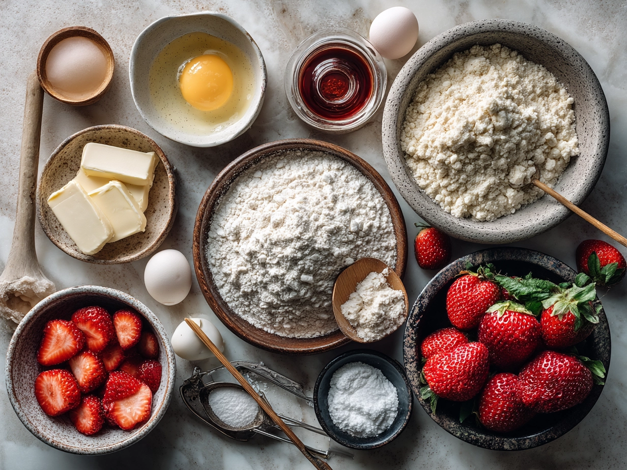 Ingredients for Strawberry Pop Tart Cookies laid out on kitchen counter