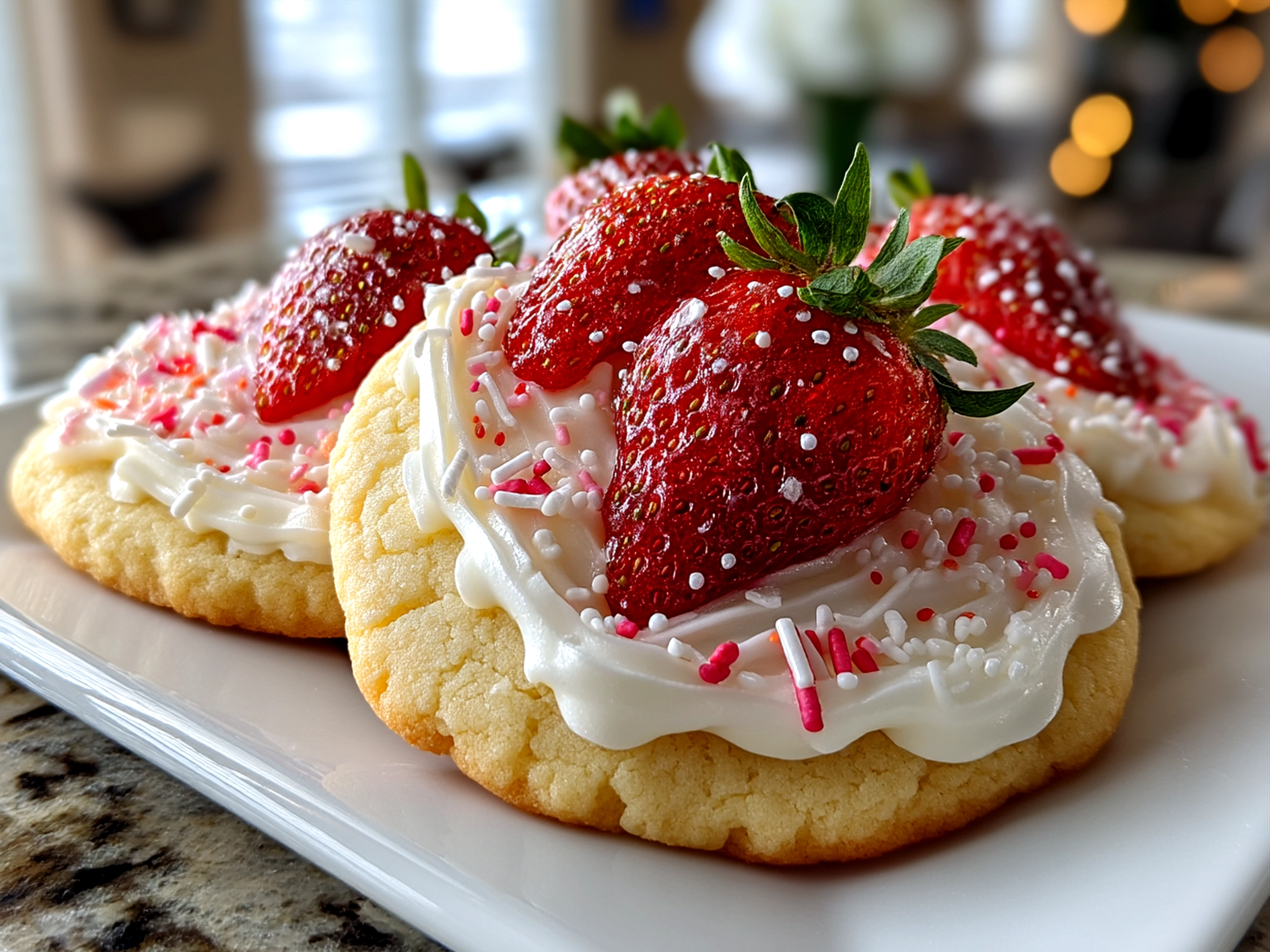 Plate of soft Strawberry Sugar Cookies served with fresh berries