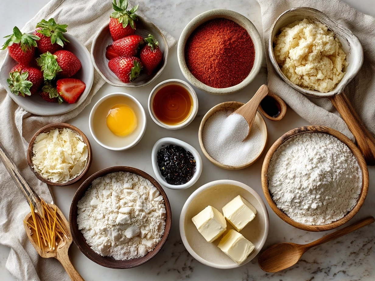 Ingredients for Strawberry Sugar Cookies neatly arranged including flour, butter, sugar, fresh strawberries