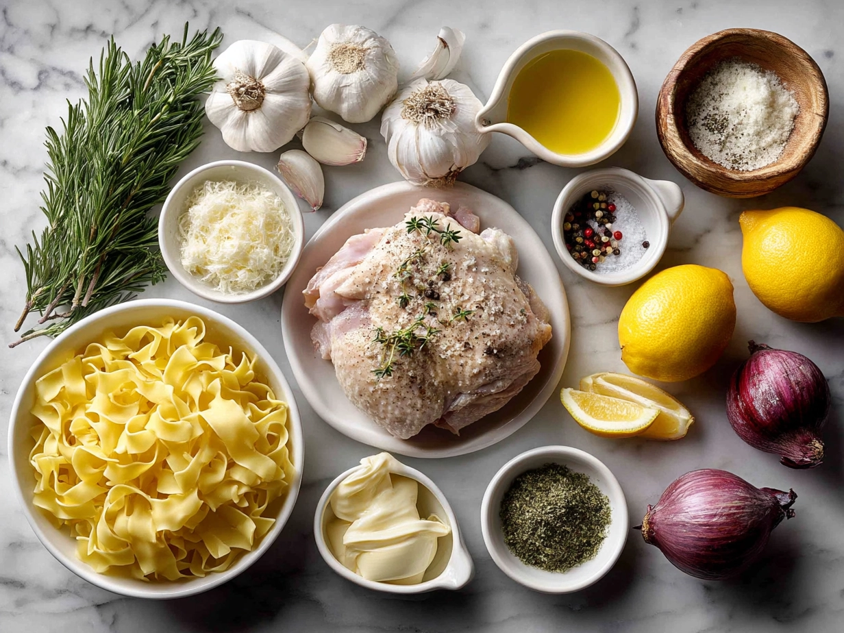 Ingredients laid out for One-Pan Chicken Dinner with Buttered Noodles