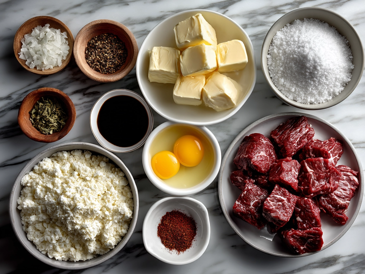 Top down view of raw ingredients for Gordon Ramsay Beef Stroganoff including beef, mushrooms, onion, garlic, mustard, sour cream, and herbs