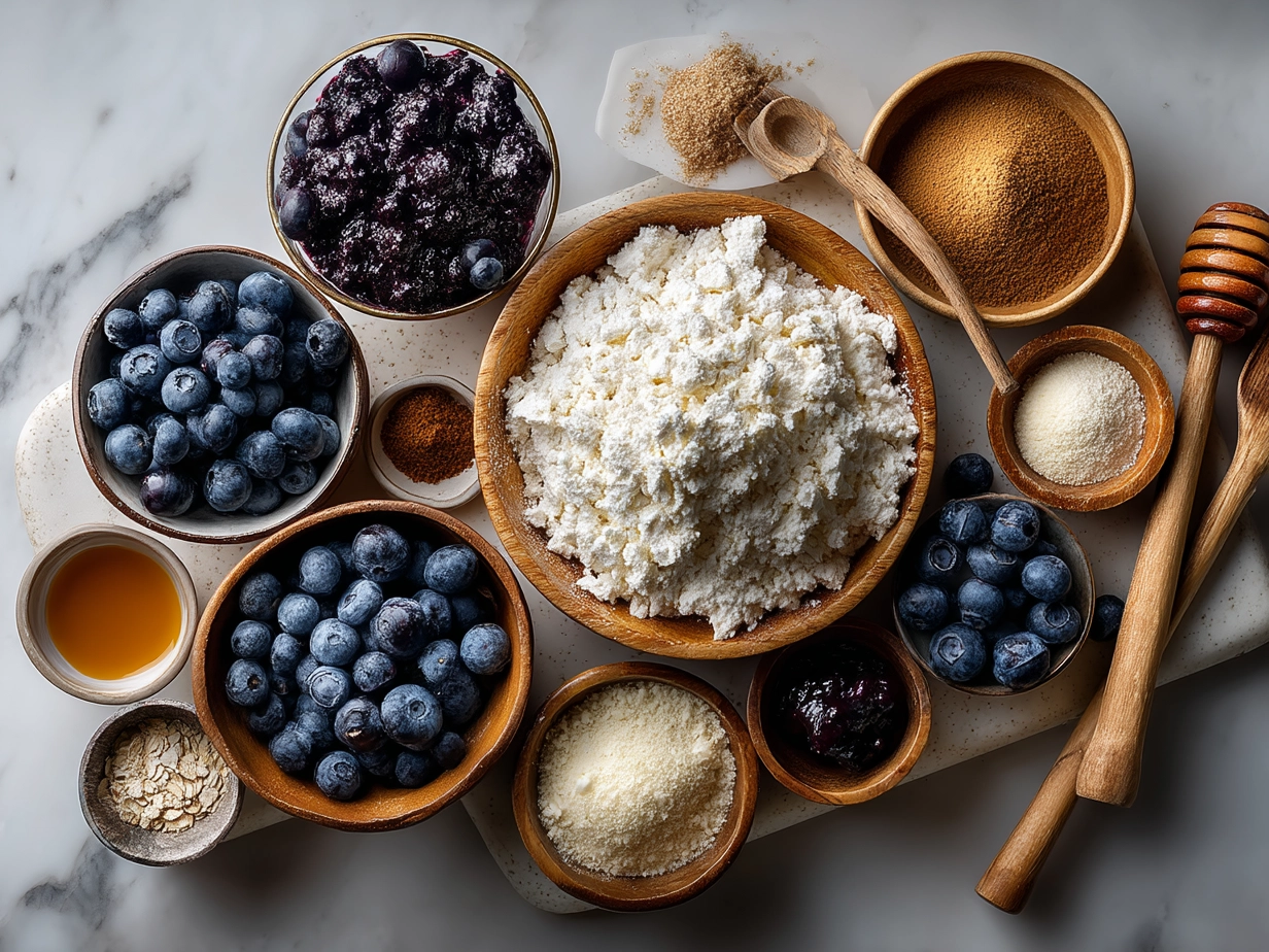 Raw ingredients for baked blueberry cottage cheese bowls arranged on a marble background