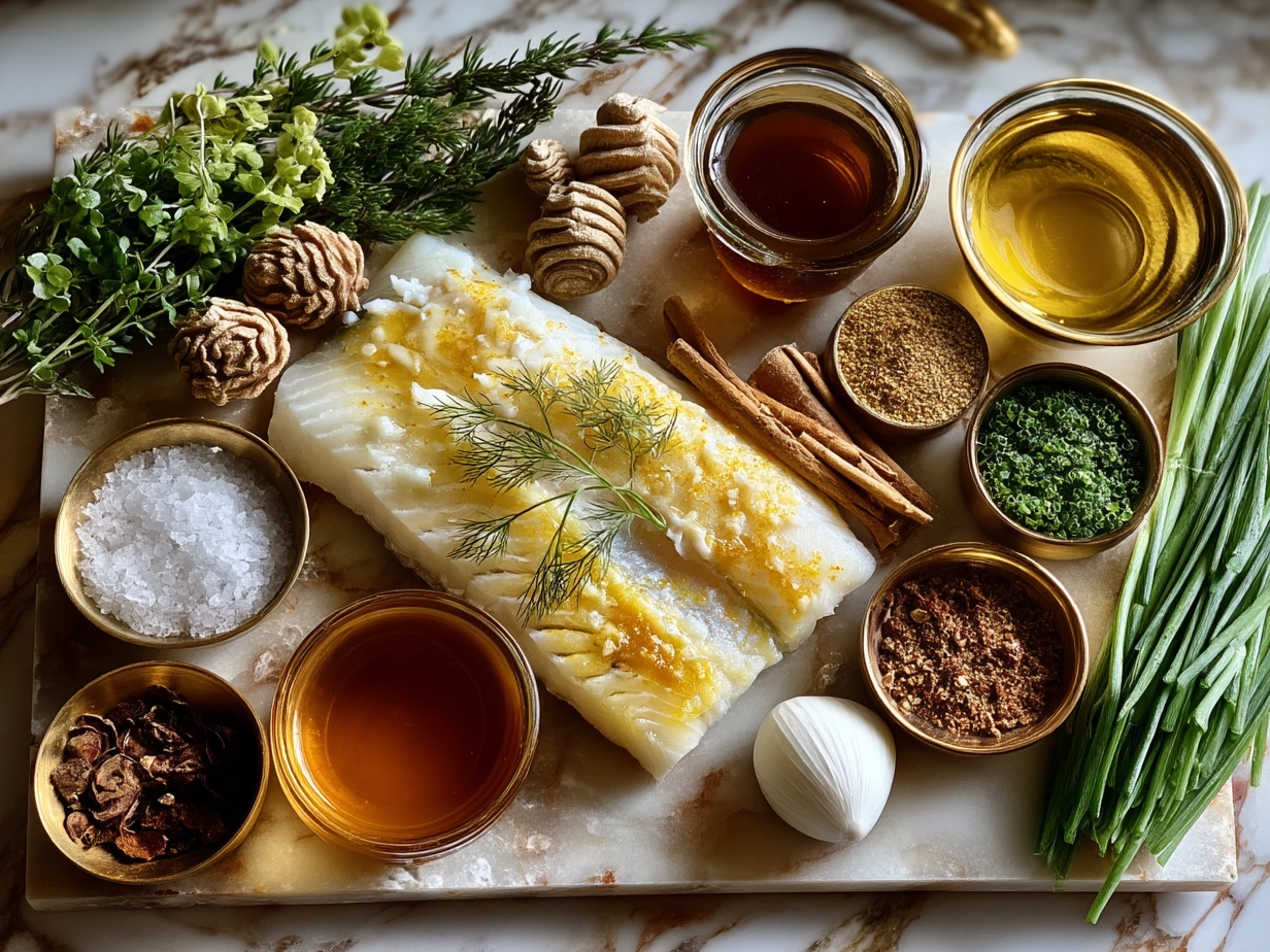 Ingredients for Baked Honey Marinade Cod arranged on marble surface.