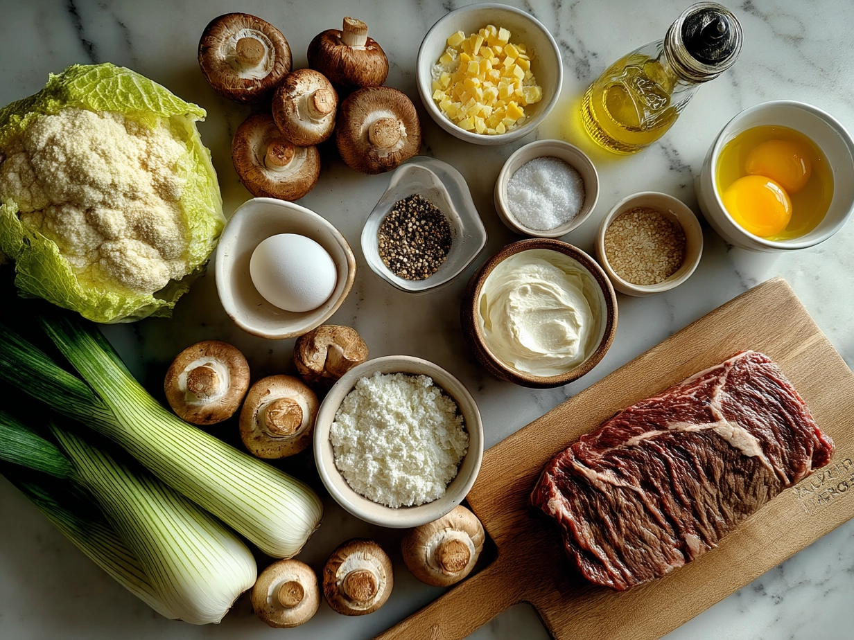 Top down raw ingredients for Beef Stroganoff with Sour Cream on marble surface