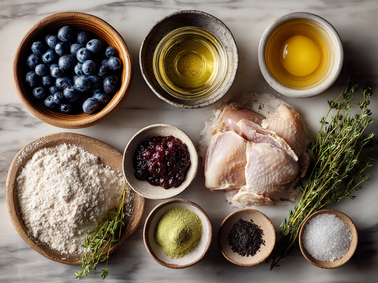 Raw ingredients for Blueberry Thyme Chicken including chicken breasts, blueberries, olive oil, honey, balsamic vinegar, garlic and fresh thyme