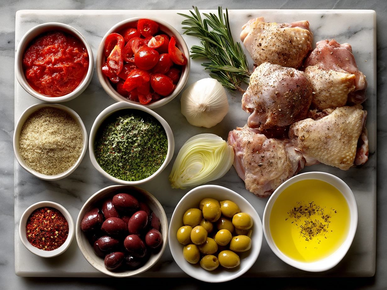 Top down view of raw ingredients for Chicken Cacciatore on a marble surface
