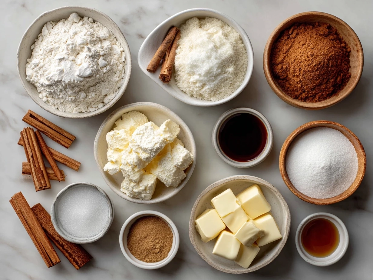 Raw ingredients for Cinnamon Roll Cheesecake Cookies including cream cheese, butter, eggs, sugar, flour, cinnamon, and vanilla