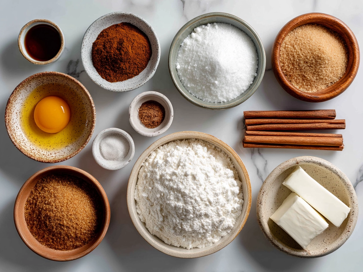 Top down view of raw ingredients for cinnamon sugar bagels including flour, cinnamon, sugar and eggs