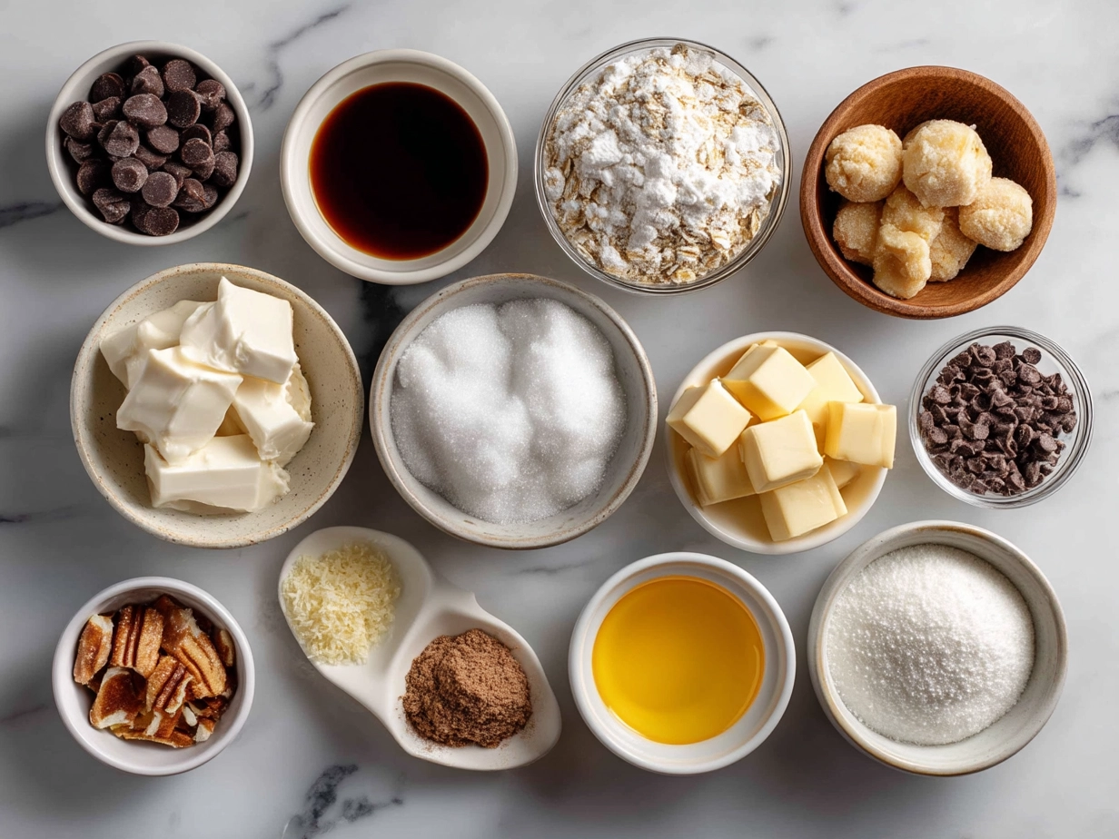 Raw ingredients for Cookie Dough Frozen Yogurt Bites arranged on marble surface